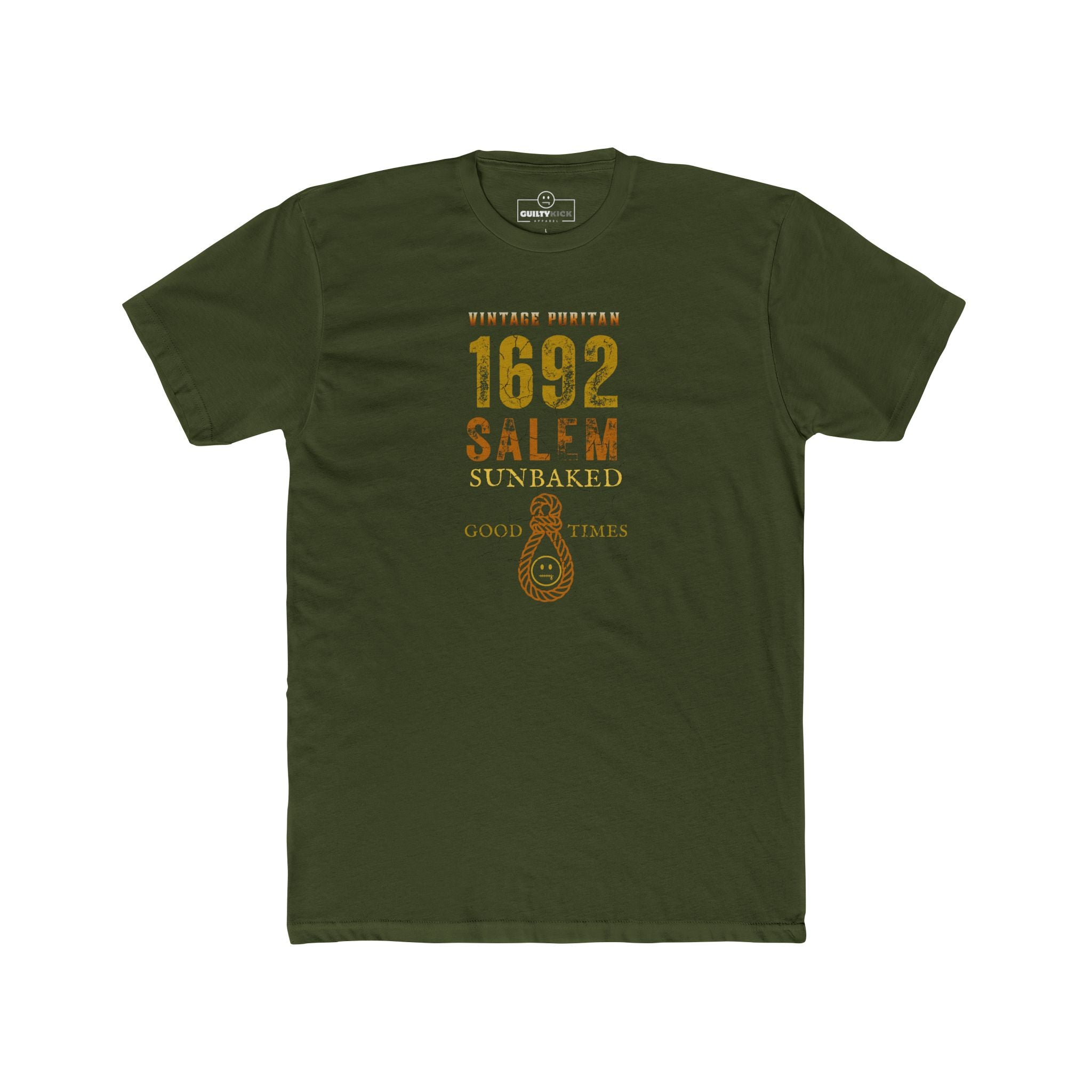 Salem 1692 Vintage Puritan Sunbaked T-Shirt | Sarcastic Witch Trials Parody Graphic Tee, Funny Dark Humor Noose Halloween Shirt