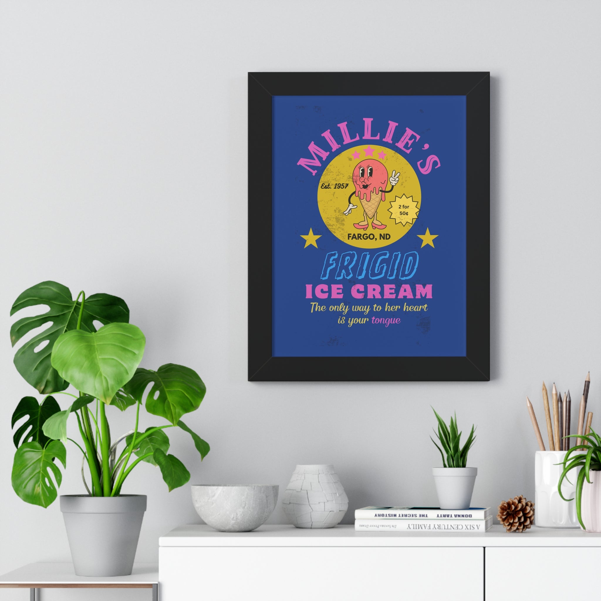 Framed Vertical Poster, Millie's Frigid Ice Cream Vintage Wall Art 1957