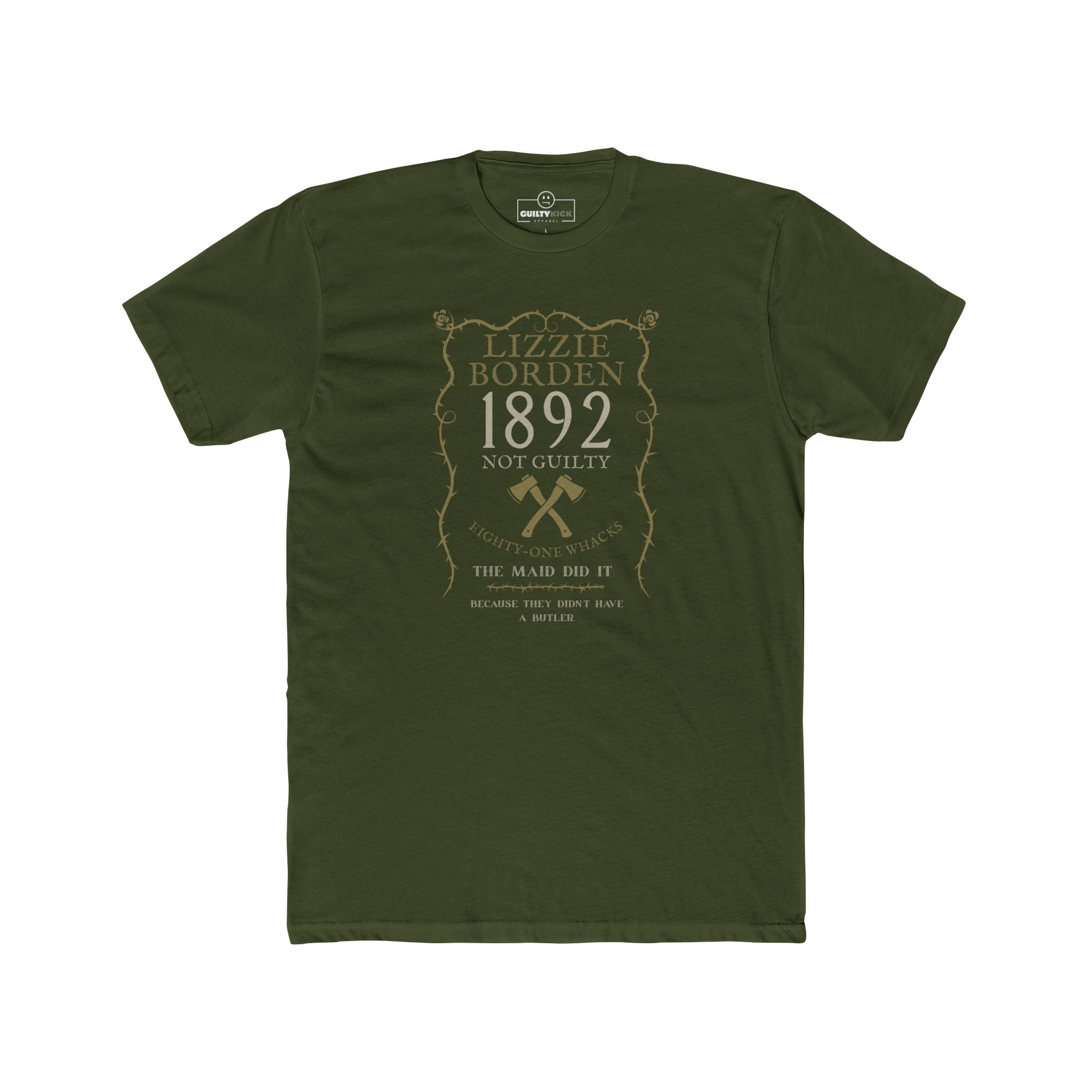 Lizzie Borden 1892 Not Guilty T-Shirt,  Dark Humor True Crime Satire Graphic Tee, Eighty-One Whacks Halloween Shirt
