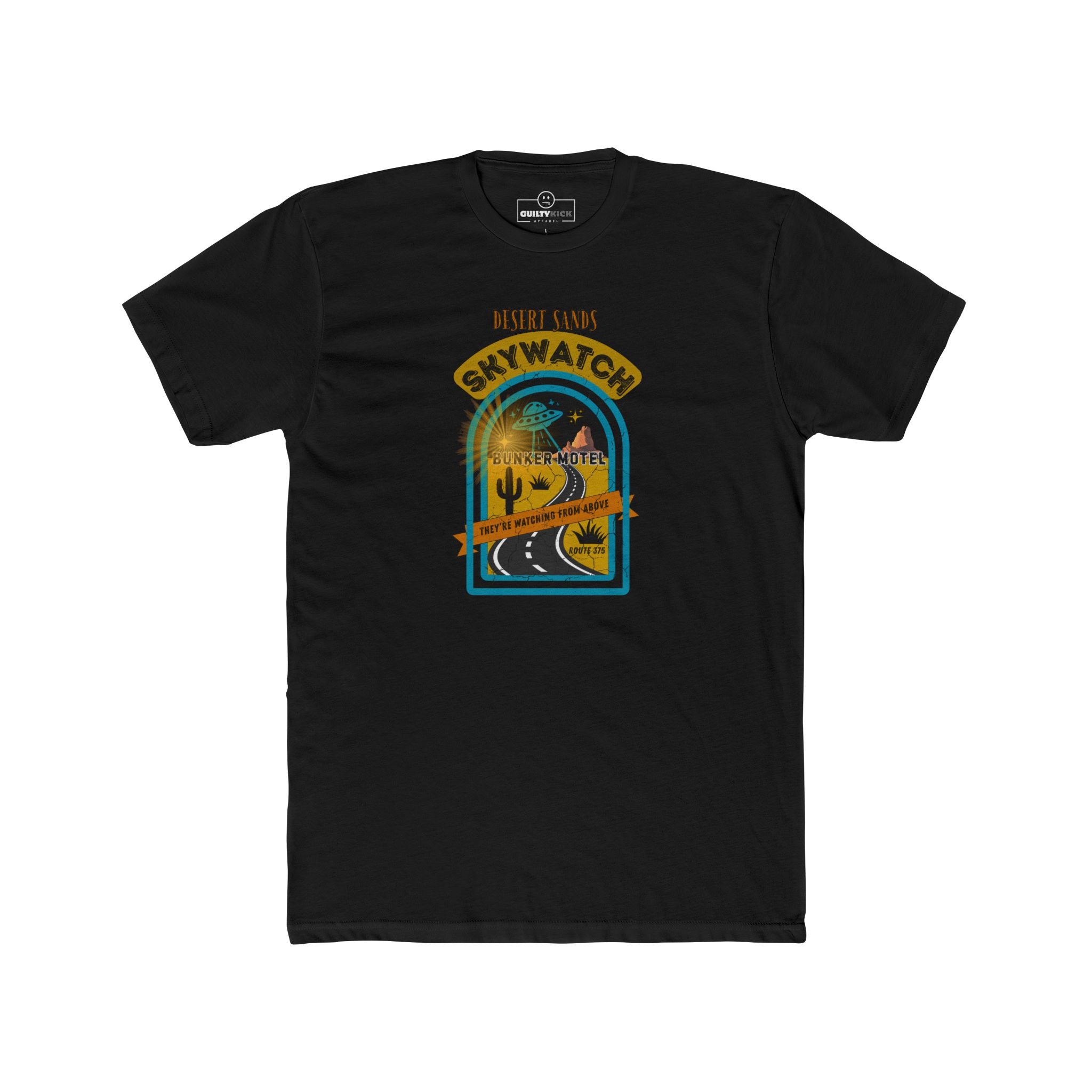 Desert Sands Skywatch Bunker Motel T-Shirt | Vintage Retro UFO Parody Graphic Tee, Funny Sci-Fi Horror Halloween Route 375 Shirt
