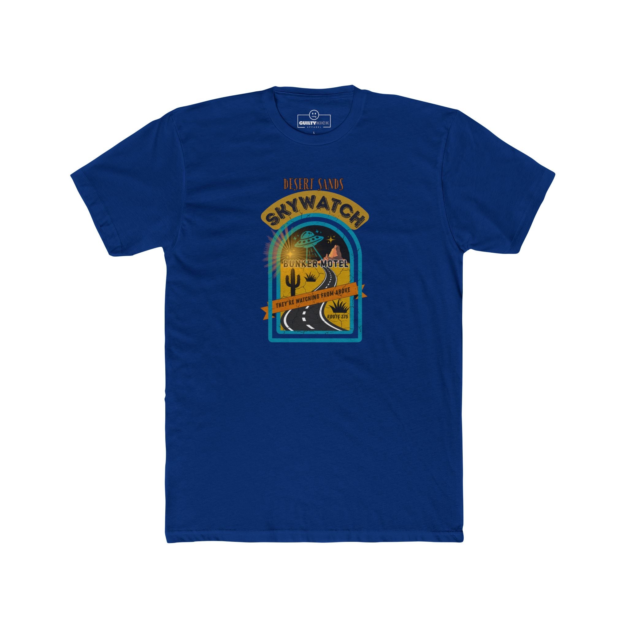 Desert Sands Skywatch Bunker Motel T-Shirt | Vintage Retro UFO Parody Graphic Tee, Funny Sci-Fi Horror Halloween Route 375 Shirt