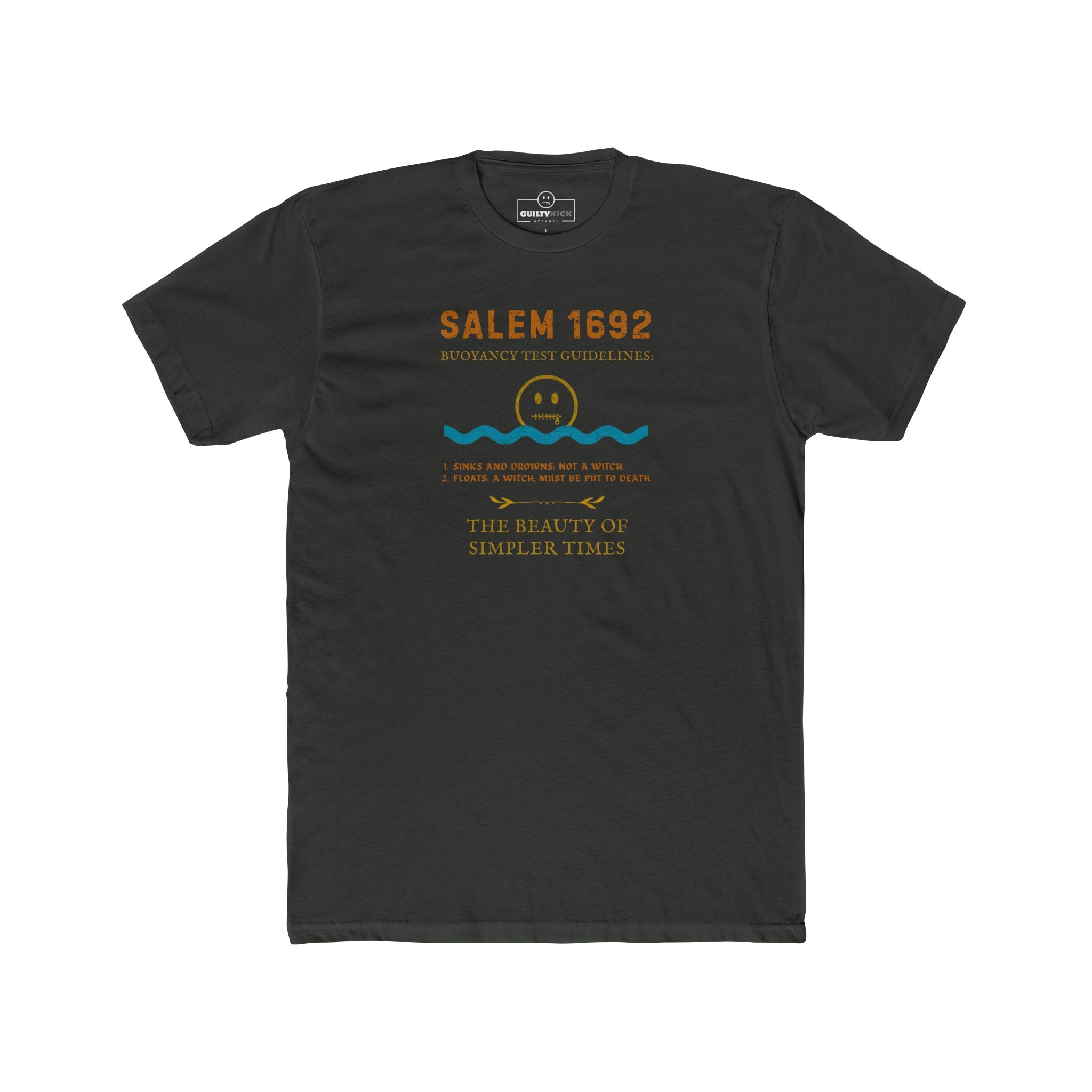 Salem 1692 Buoyancy Test Guidelines T-Shirt | Vintage Witch Trials Parody Graphic Tee, Funny Dark Humor Simpler Times Halloween Shirt