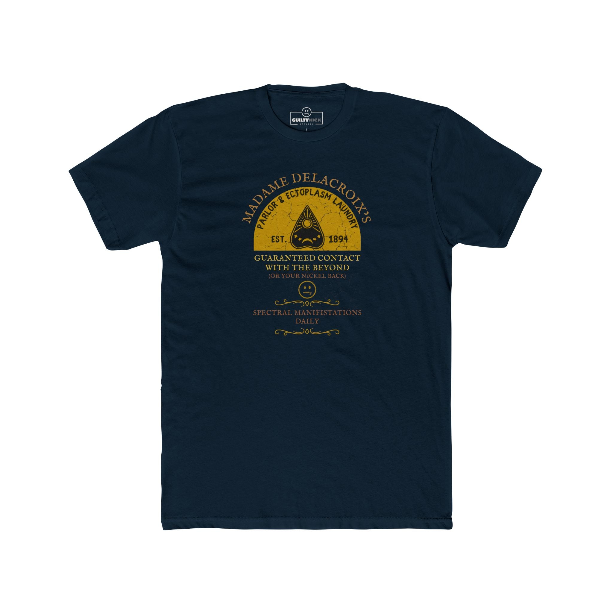 Madame Delacroix's Parlor & Ectoplasm Laundry T-Shirt Vintage Victorian Seance Parody Graphic Tee, Funny Spiritualist Ouija Halloween