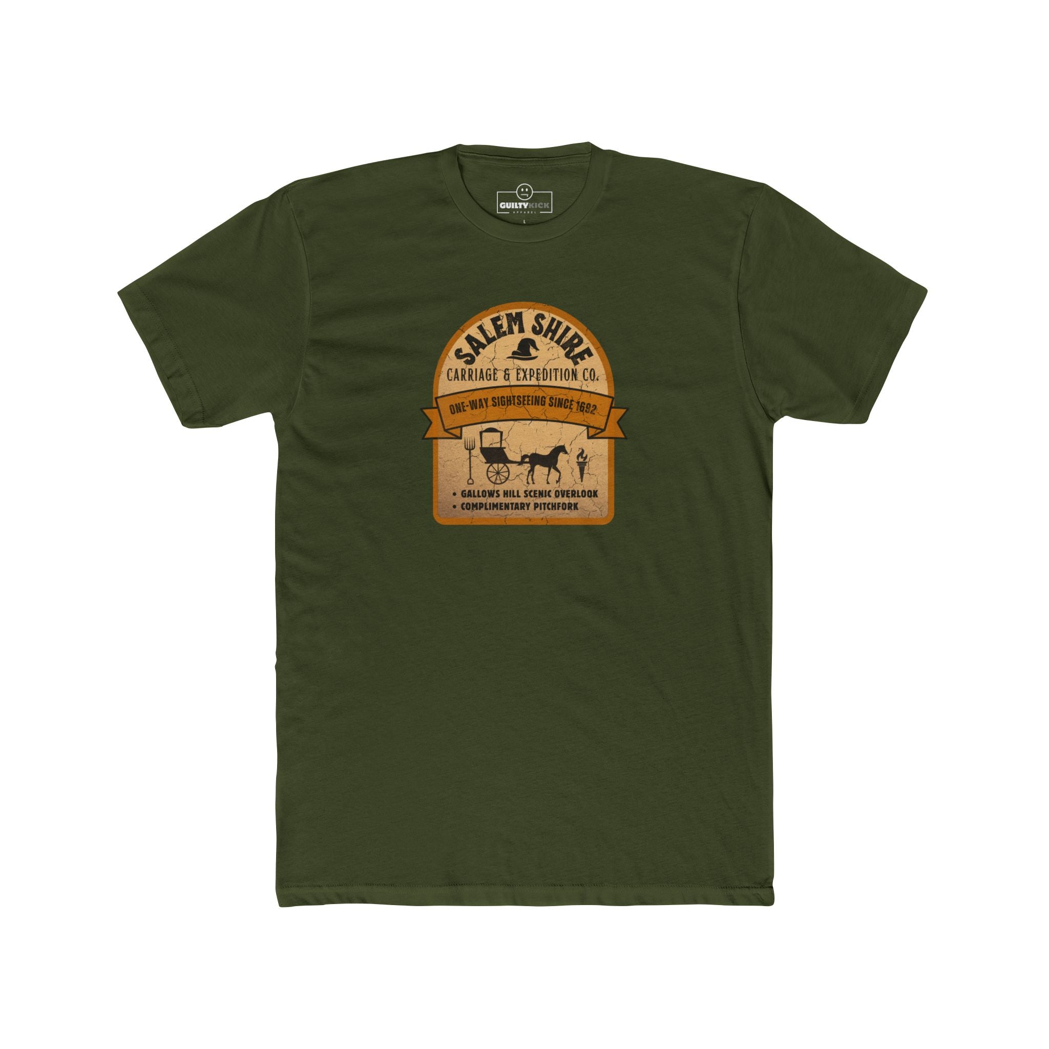 Salem Shire Carriage & Expedition Co. T-Shirt | Vintage Salem Witch Trials Parody Graphic Tee, Funny Gallows Hill Halloween Tour Shirt
