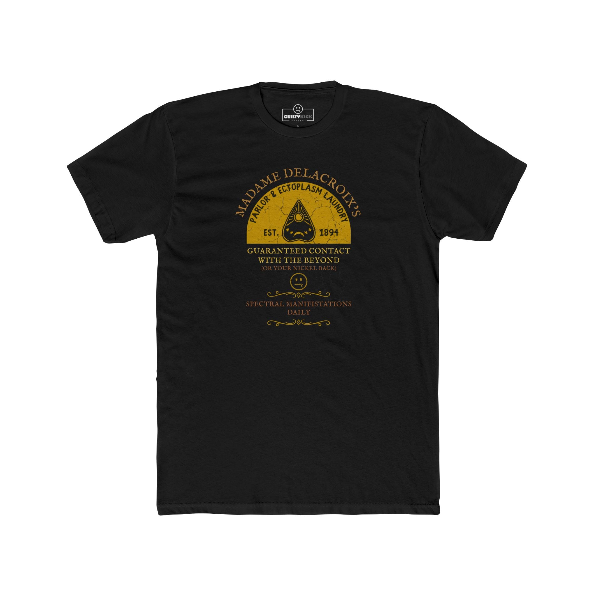 Madame Delacroix's Parlor & Ectoplasm Laundry T-Shirt Vintage Victorian Seance Parody Graphic Tee, Funny Spiritualist Ouija Halloween