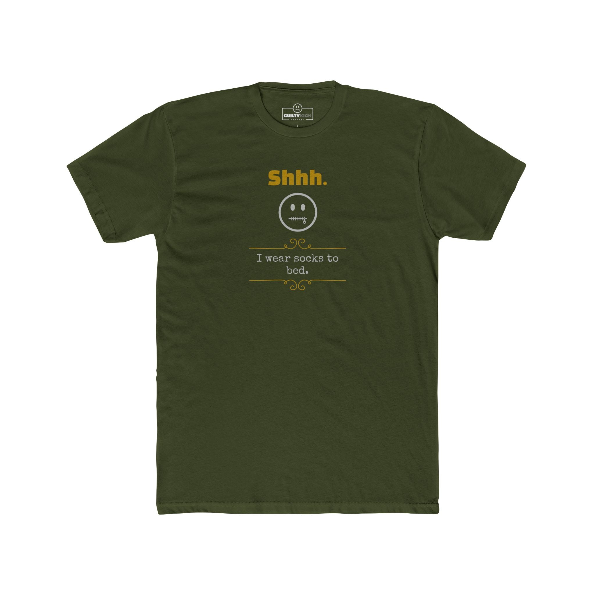 Shhh I Wear Socks To Bed Funny Graphic T-Shirt Guilty Kick Confessions Collection