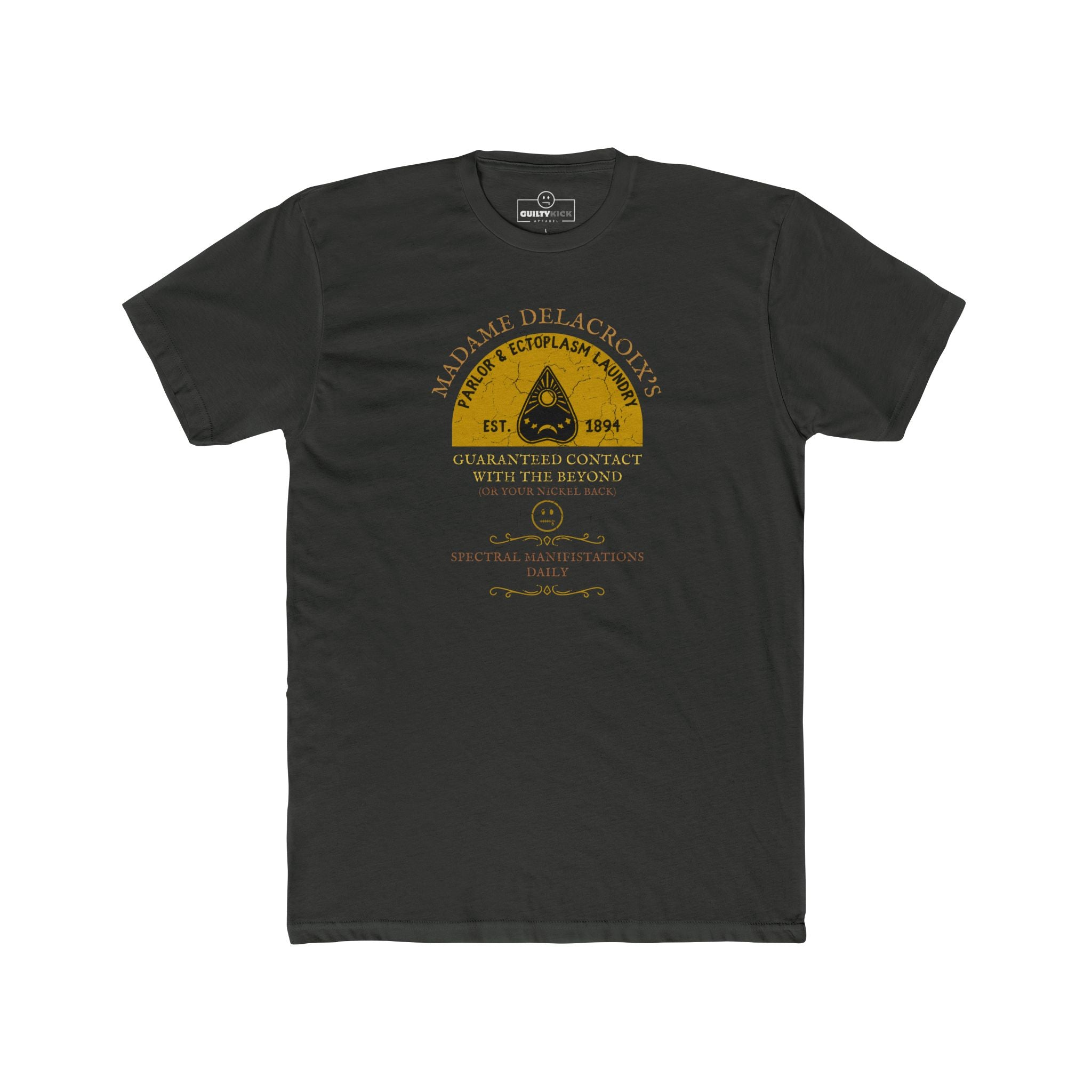 Madame Delacroix's Parlor & Ectoplasm Laundry T-Shirt Vintage Victorian Seance Parody Graphic Tee, Funny Spiritualist Ouija Halloween