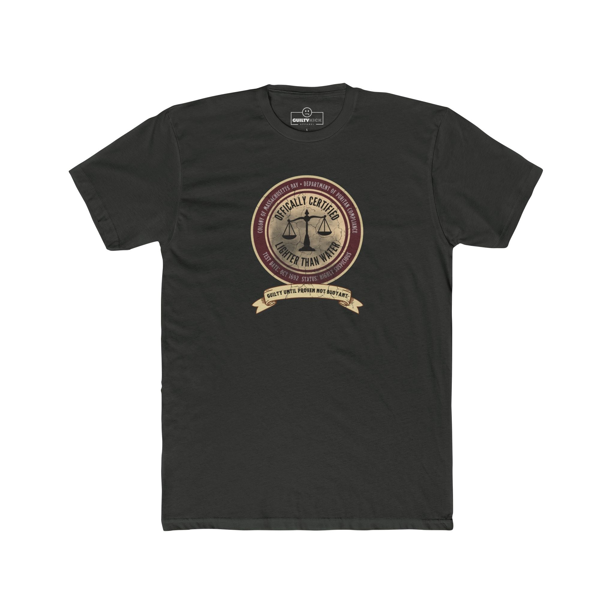Guilty Until Proven Not Buoyant T-Shirt | Vintage Salem Witch Trials Parody Graphic Tee, Funny Puritan Compliance Scale Halloween Shirt