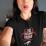 28 Seconds Later: Still Eating People, Funny Minimalist Zombie Movie Parody T-Shirt - Guilty Kick Apparel
