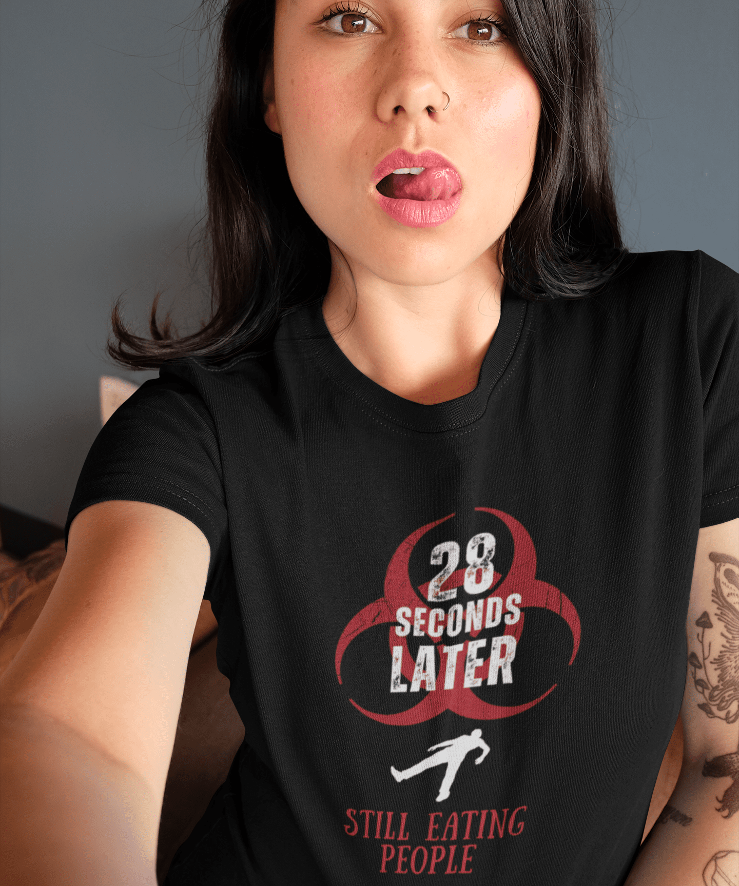 28 Seconds Later: Still Eating People, Funny Minimalist Zombie Movie Parody T-Shirt - Guilty Kick Apparel