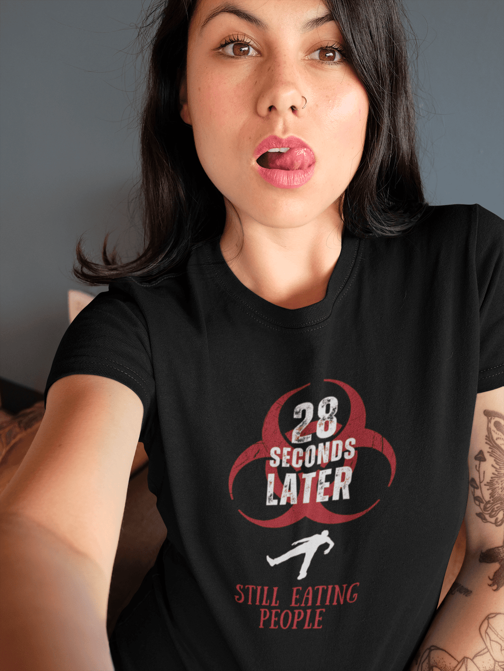 28 Seconds Later: Still Eating People, Funny Minimalist Zombie Movie Parody T-Shirt - Guilty Kick Apparel