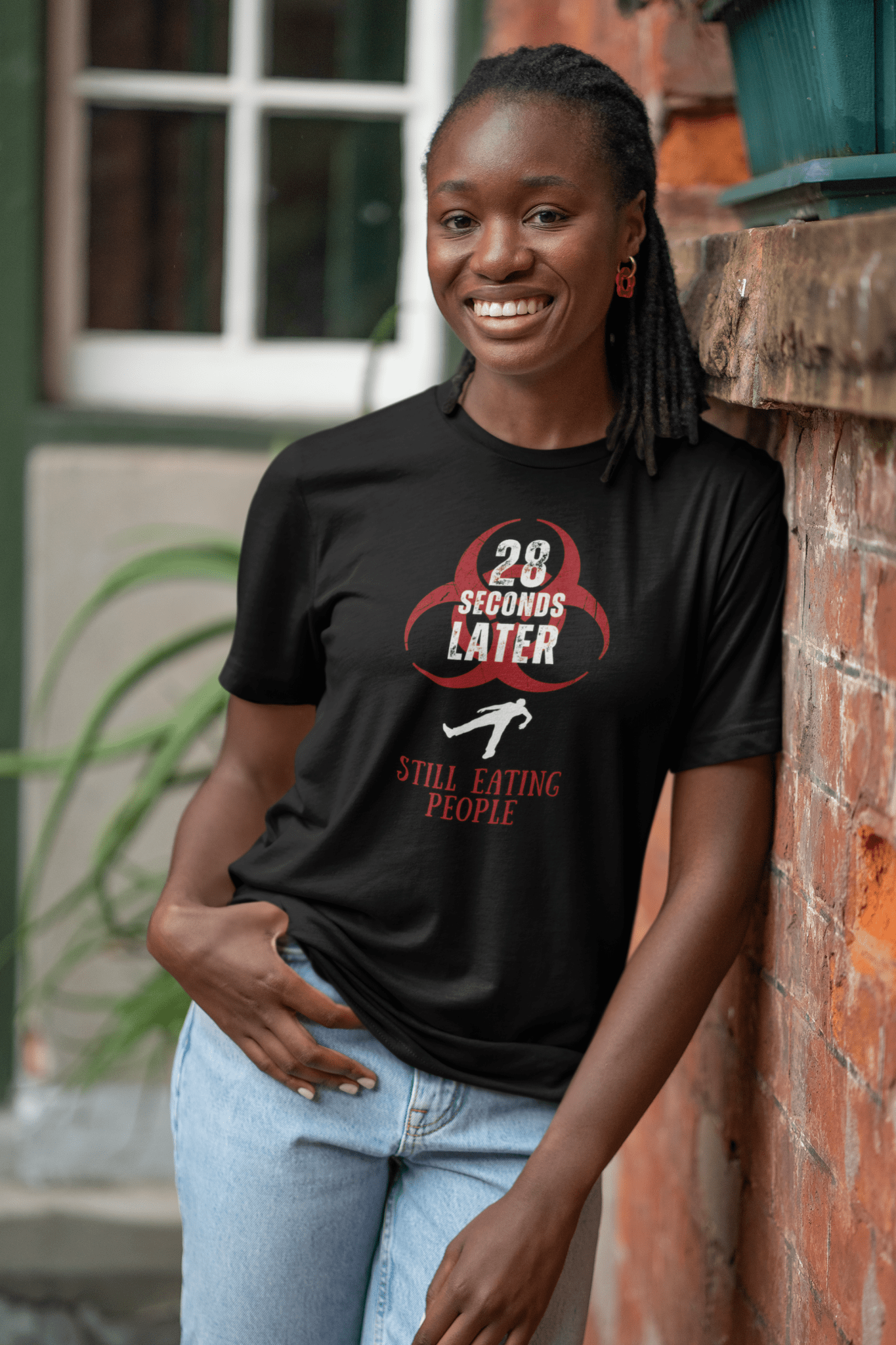 28 Seconds Later: Still Eating People, Funny Minimalist Zombie Movie Parody T-Shirt - Guilty Kick Apparel