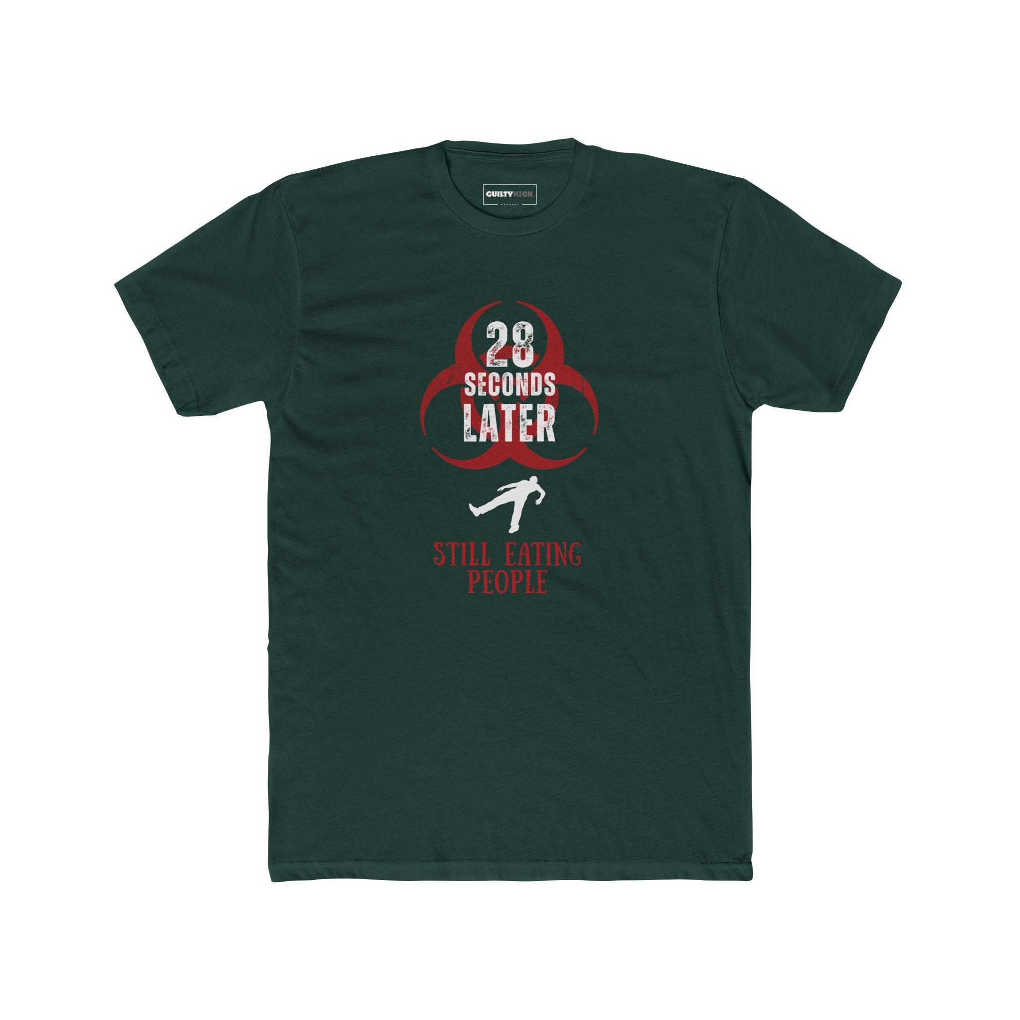 28 Seconds Later: Still Eating People, Funny Minimalist Zombie Movie Parody T-Shirt - Guilty Kick Apparel