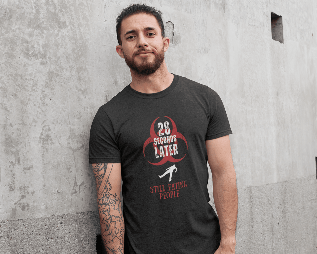 28 Seconds Later: Still Eating People, Funny Minimalist Zombie Movie Parody T-Shirt - Guilty Kick Apparel