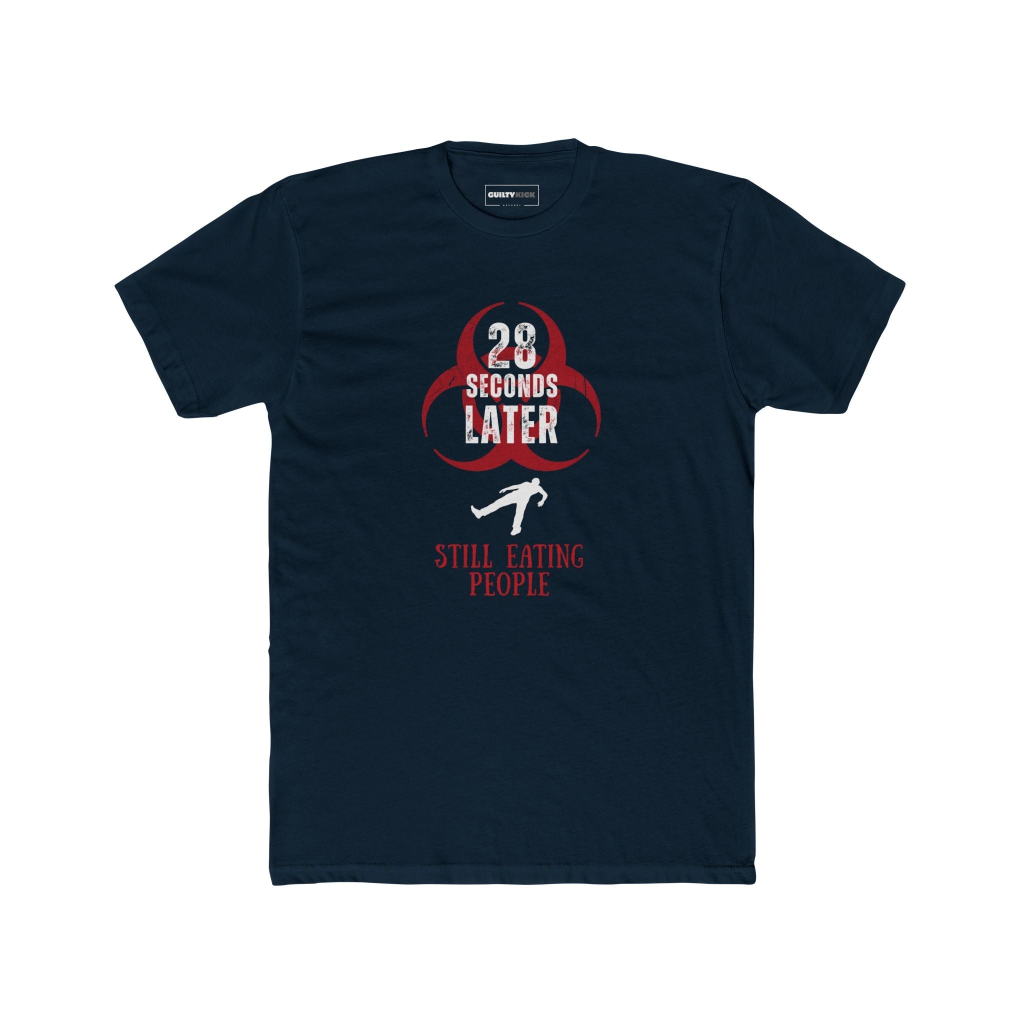 28 Seconds Later: Still Eating People, Funny Minimalist Zombie Movie Parody T-Shirt - Guilty Kick Apparel