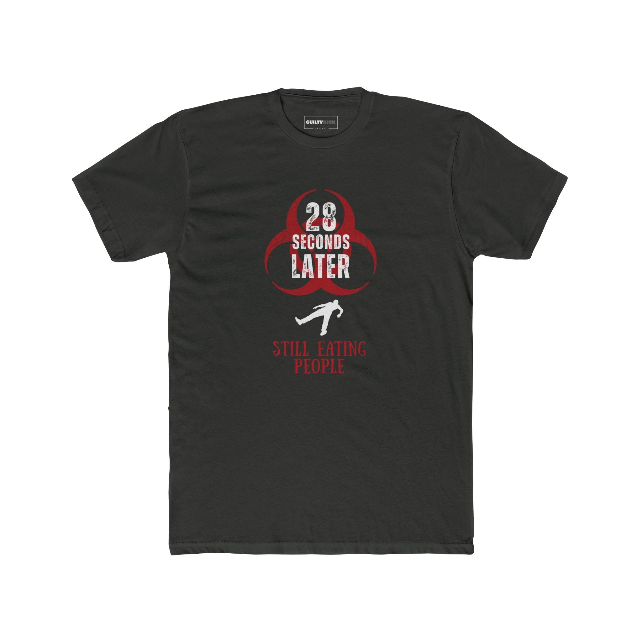 28 Seconds Later: Still Eating People, Funny Minimalist Zombie Movie Parody T-Shirt - Guilty Kick Apparel