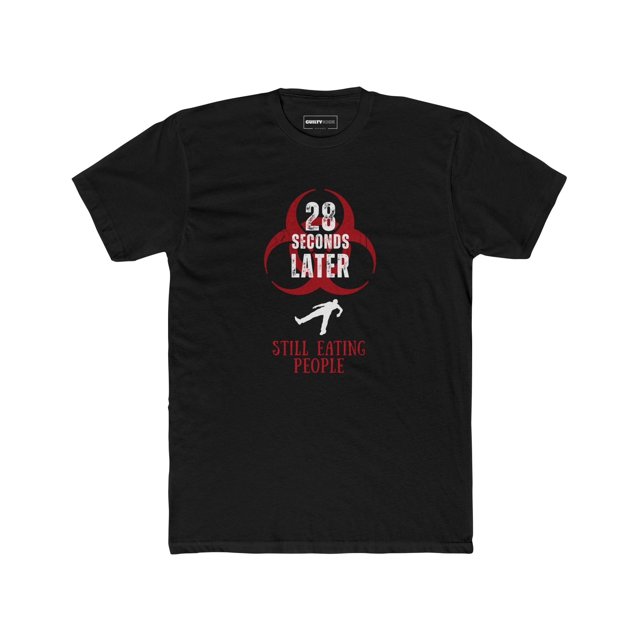 28 Seconds Later: Still Eating People, Funny Minimalist Zombie Movie Parody T-Shirt - Guilty Kick Apparel