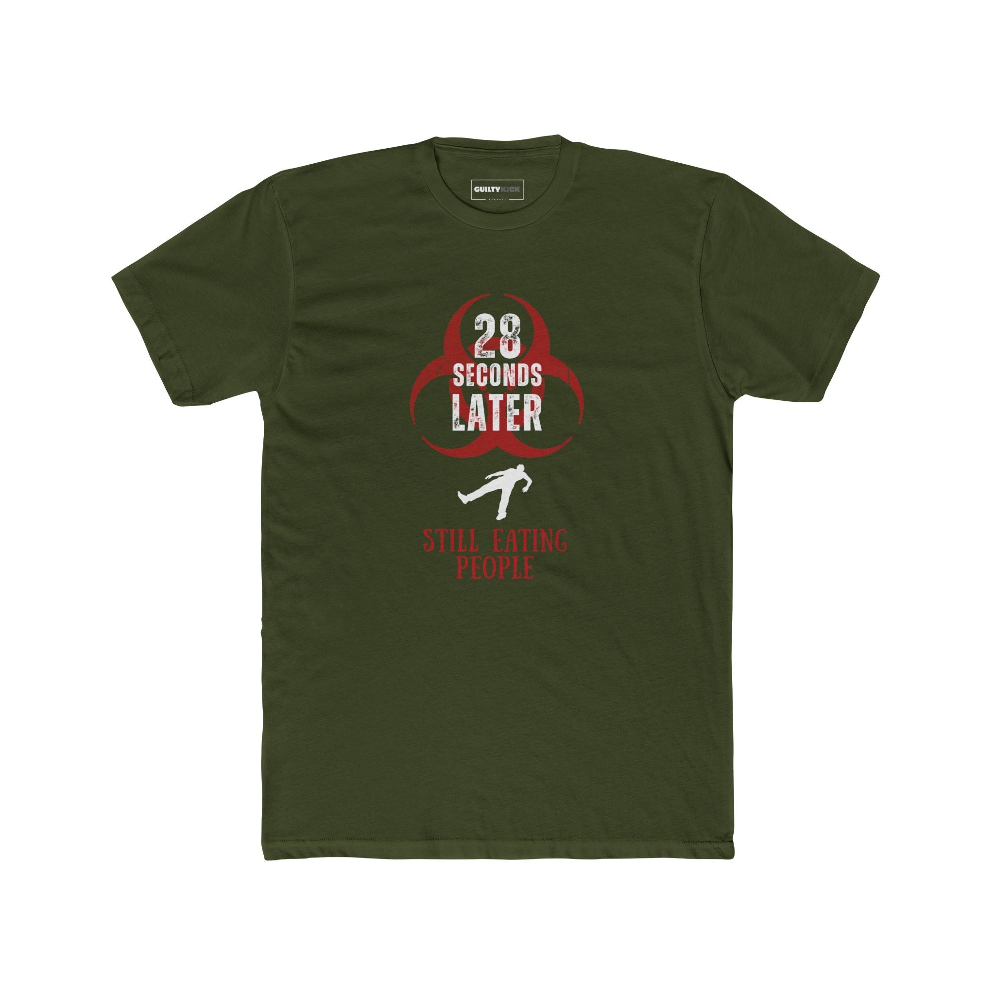 28 Seconds Later: Still Eating People, Funny Minimalist Zombie Movie Parody T-Shirt - Guilty Kick Apparel