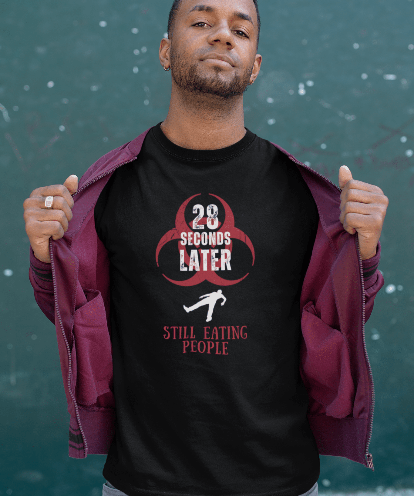 28 Seconds Later: Still Eating People, Funny Minimalist Zombie Movie Parody T-Shirt - Guilty Kick Apparel