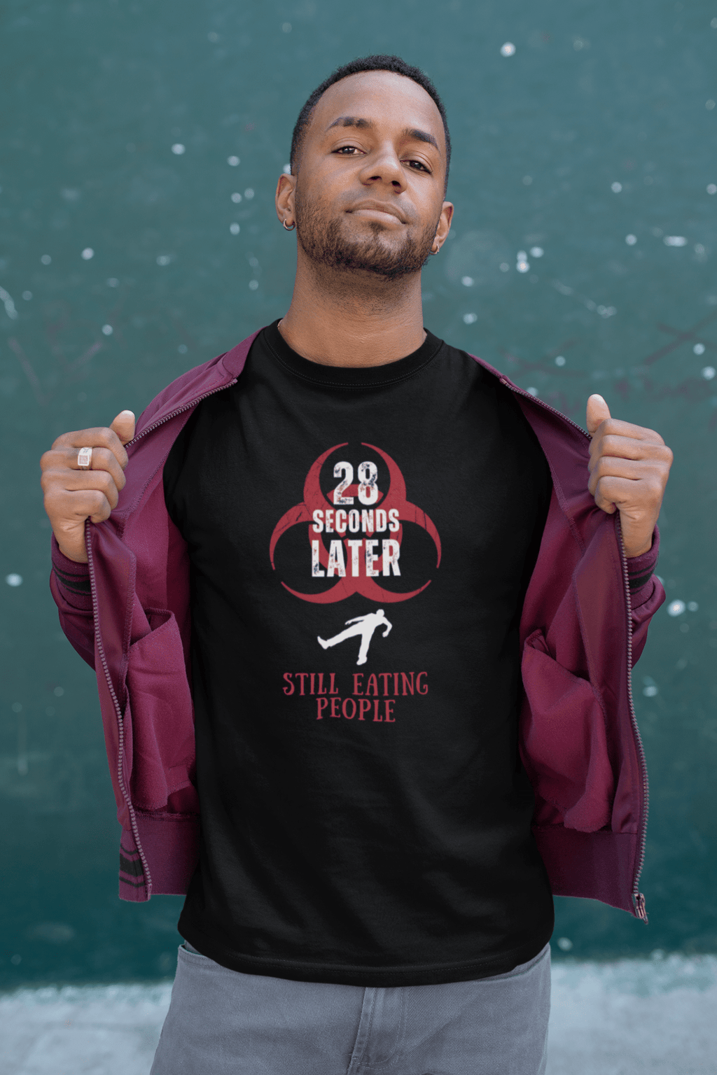 28 Seconds Later: Still Eating People, Funny Minimalist Zombie Movie Parody T-Shirt - Guilty Kick Apparel