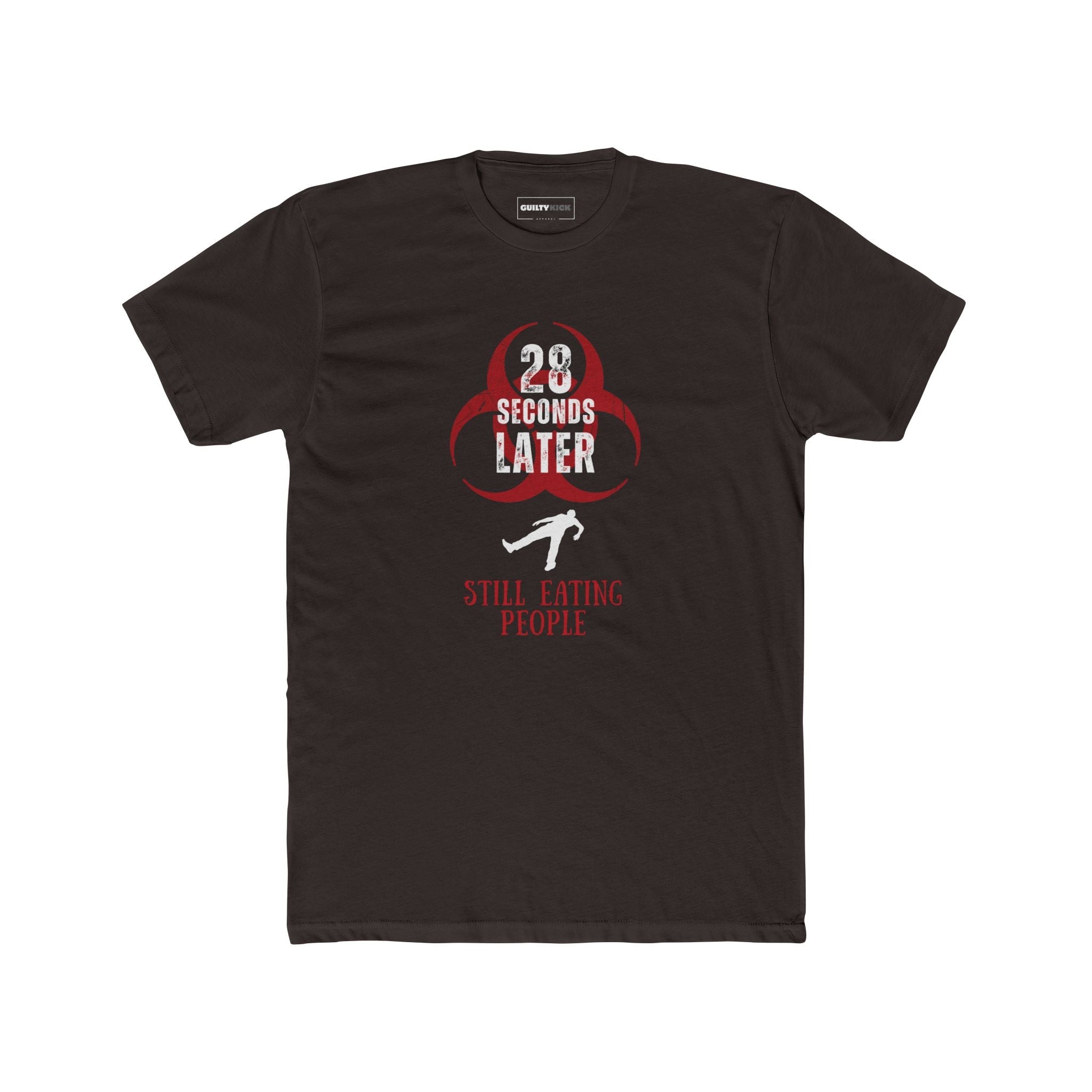 28 Seconds Later: Still Eating People, Funny Minimalist Zombie Movie Parody T-Shirt - Guilty Kick Apparel
