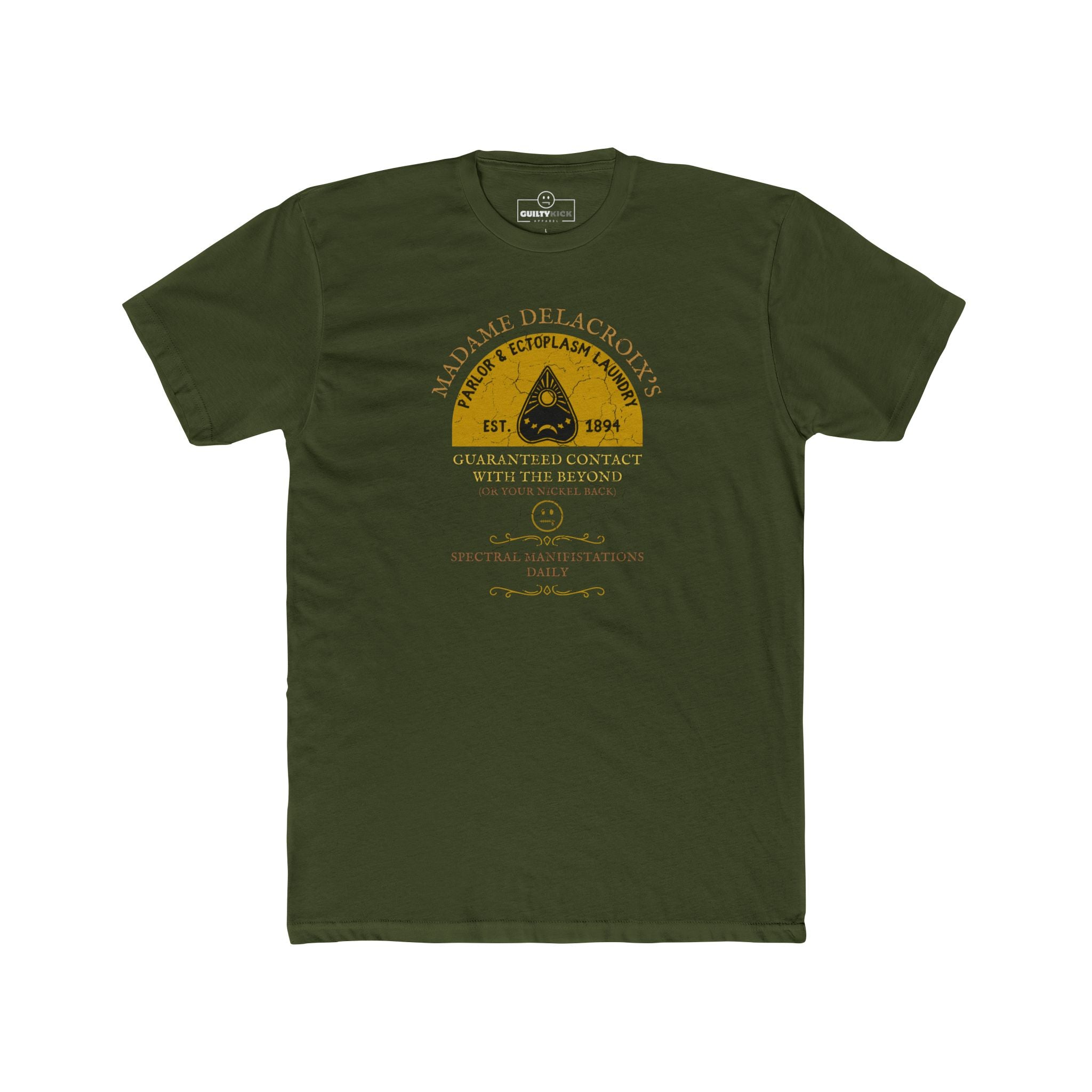 Madame Delacroix's Parlor & Ectoplasm Laundry T-Shirt Vintage Victorian Seance Parody Graphic Tee, Funny Spiritualist Ouija Halloween