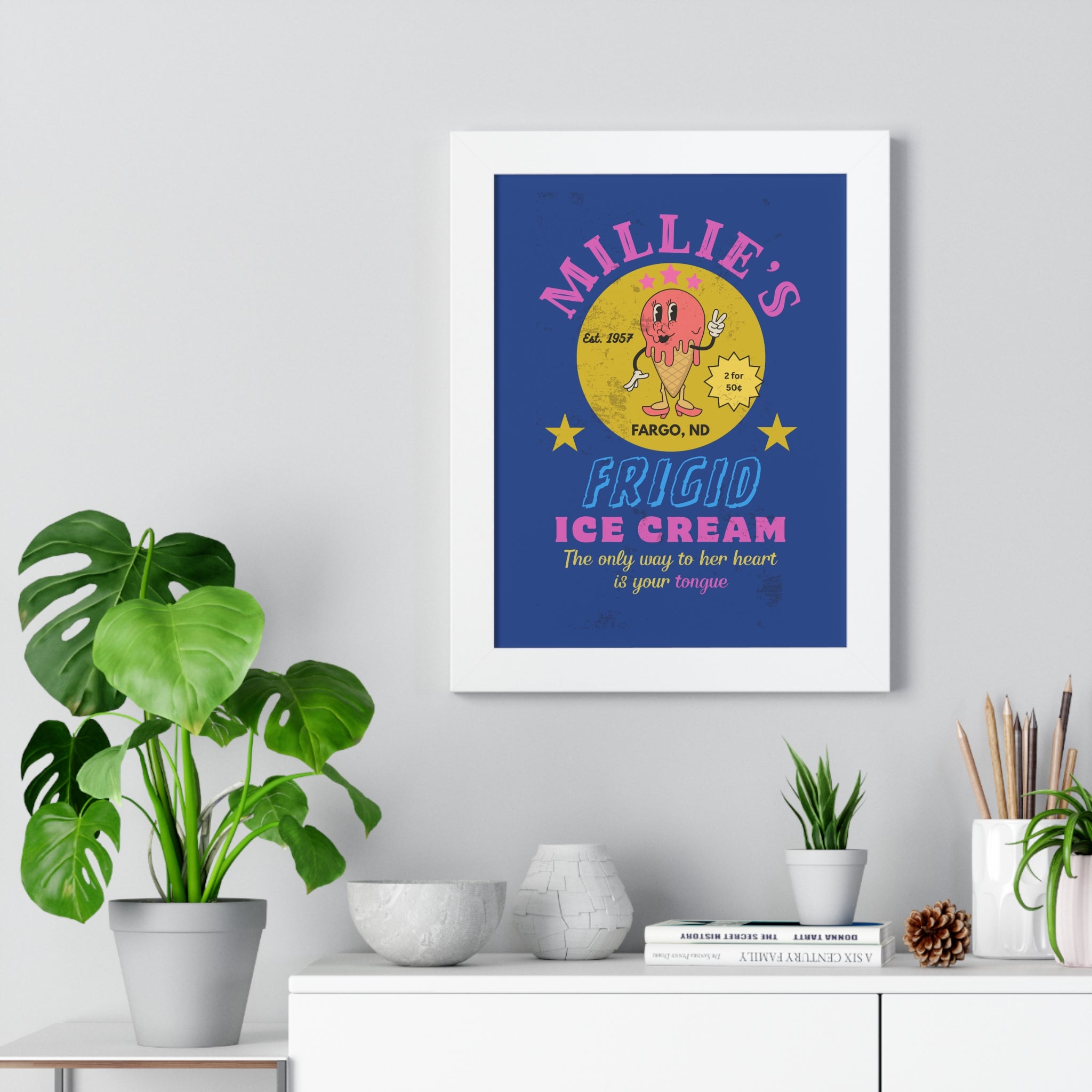 Framed Vertical Poster, Millie's Frigid Ice Cream Vintage Wall Art 1957