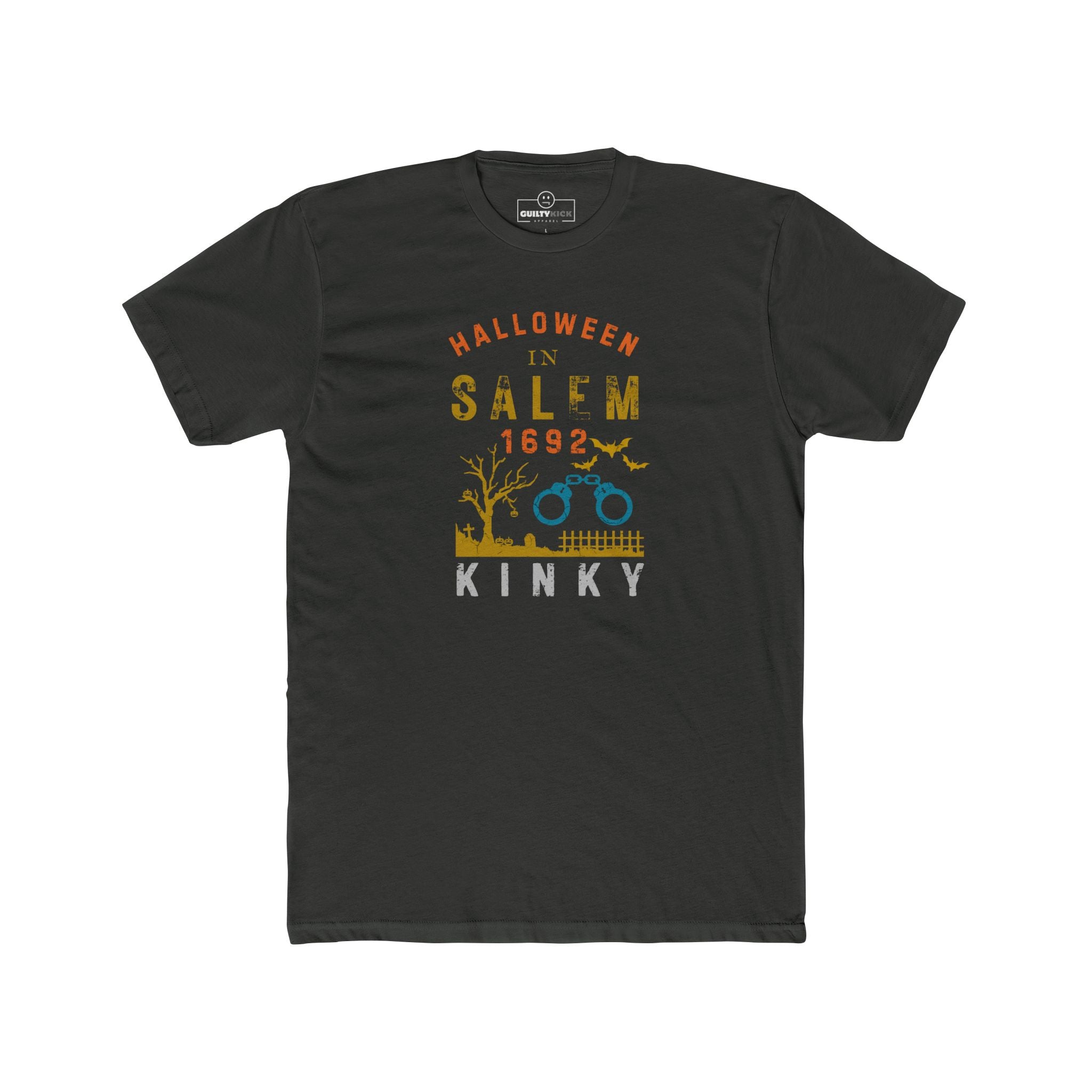 Halloween in Salem 1692 Kinky T-Shirt | Sarcastic Witch Trials Shackles Graphic Tee, Funny Dark Humor Puritan Halloween Shirt