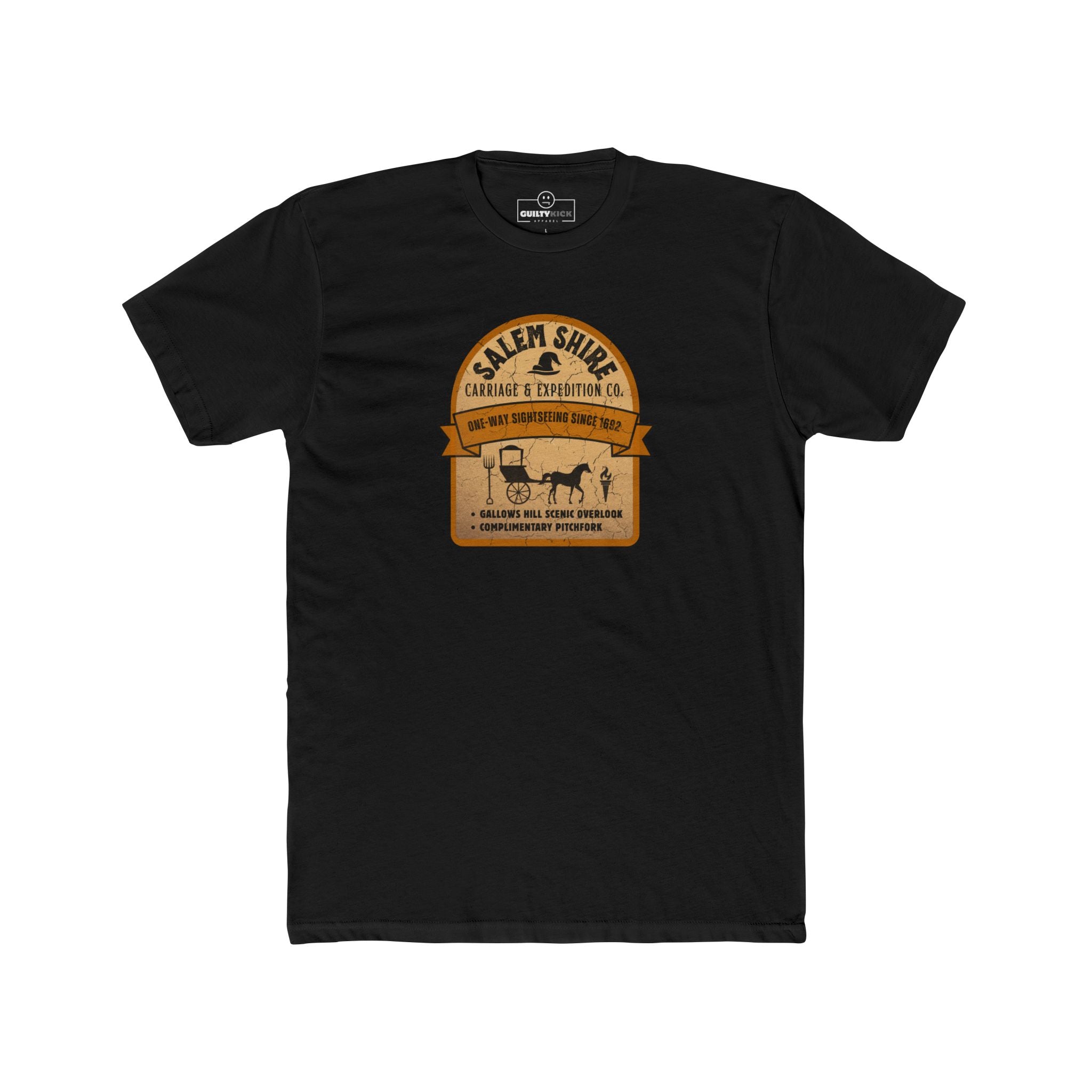 Salem Shire Carriage & Expedition Co. T-Shirt | Vintage Salem Witch Trials Parody Graphic Tee, Funny Gallows Hill Halloween Tour Shirt