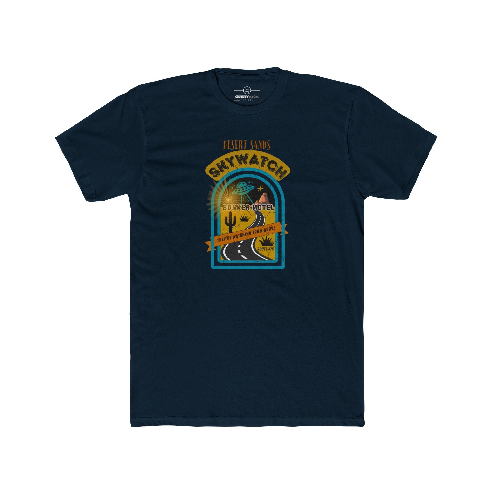 Desert Sands Skywatch Bunker Motel T-Shirt | Vintage Retro UFO Parody Graphic Tee, Funny Sci-Fi Horror Halloween Route 375 Shirt