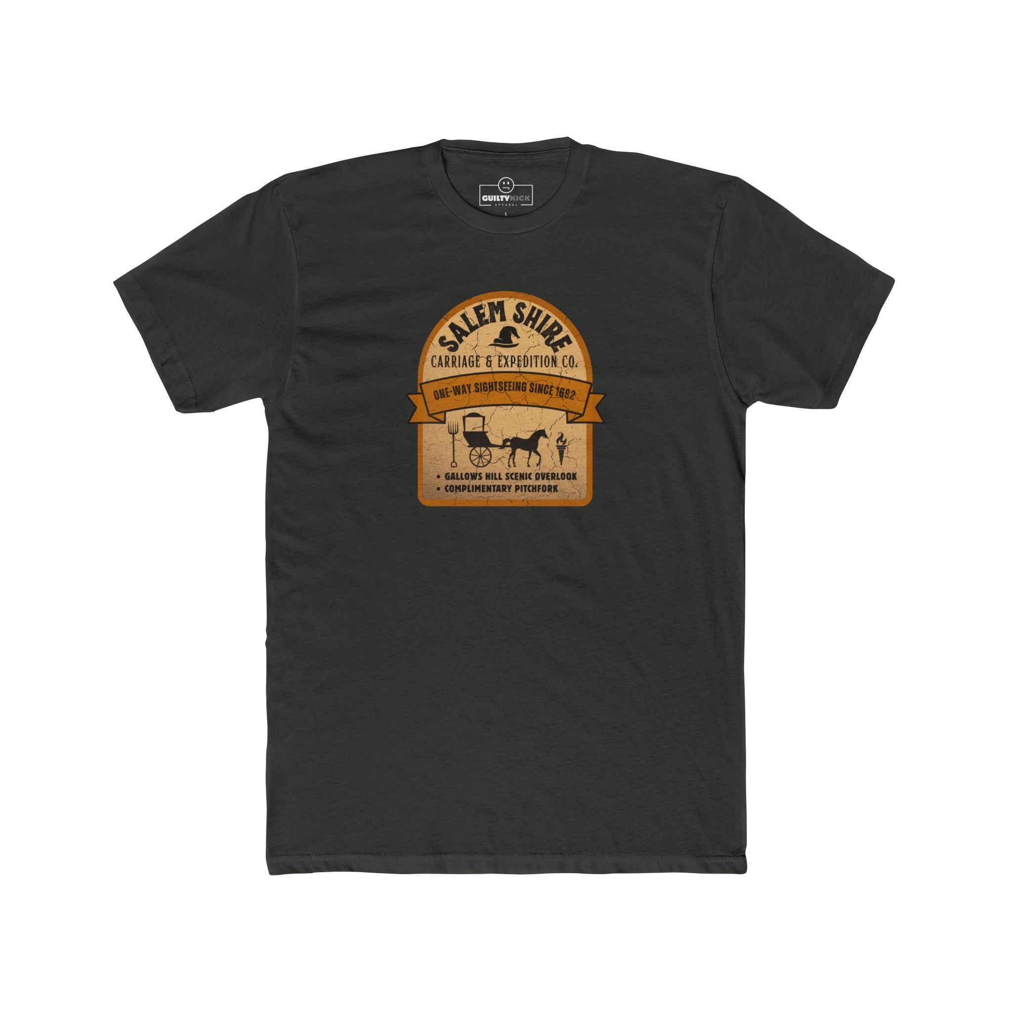 Salem Shire Carriage & Expedition Co. T-Shirt | Vintage Salem Witch Trials Parody Graphic Tee, Funny Gallows Hill Halloween Tour Shirt