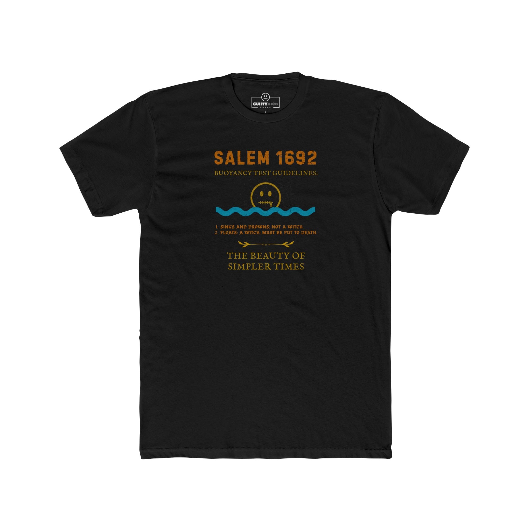Salem 1692 Buoyancy Test Guidelines T-Shirt | Vintage Witch Trials Parody Graphic Tee, Funny Dark Humor Simpler Times Halloween Shirt