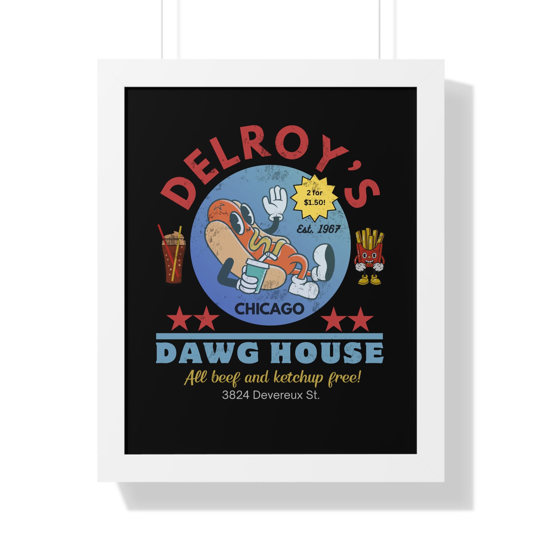 Vintage Hot Dog Restaurant Framed Vertical Poster, Chicago 1967