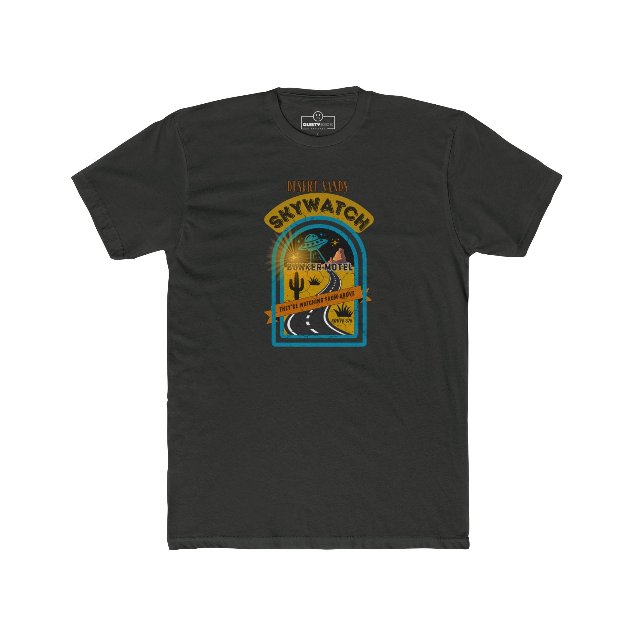 Desert Sands Skywatch Bunker Motel T-Shirt | Vintage Retro UFO Parody Graphic Tee, Funny Sci-Fi Horror Halloween Route 375 Shirt