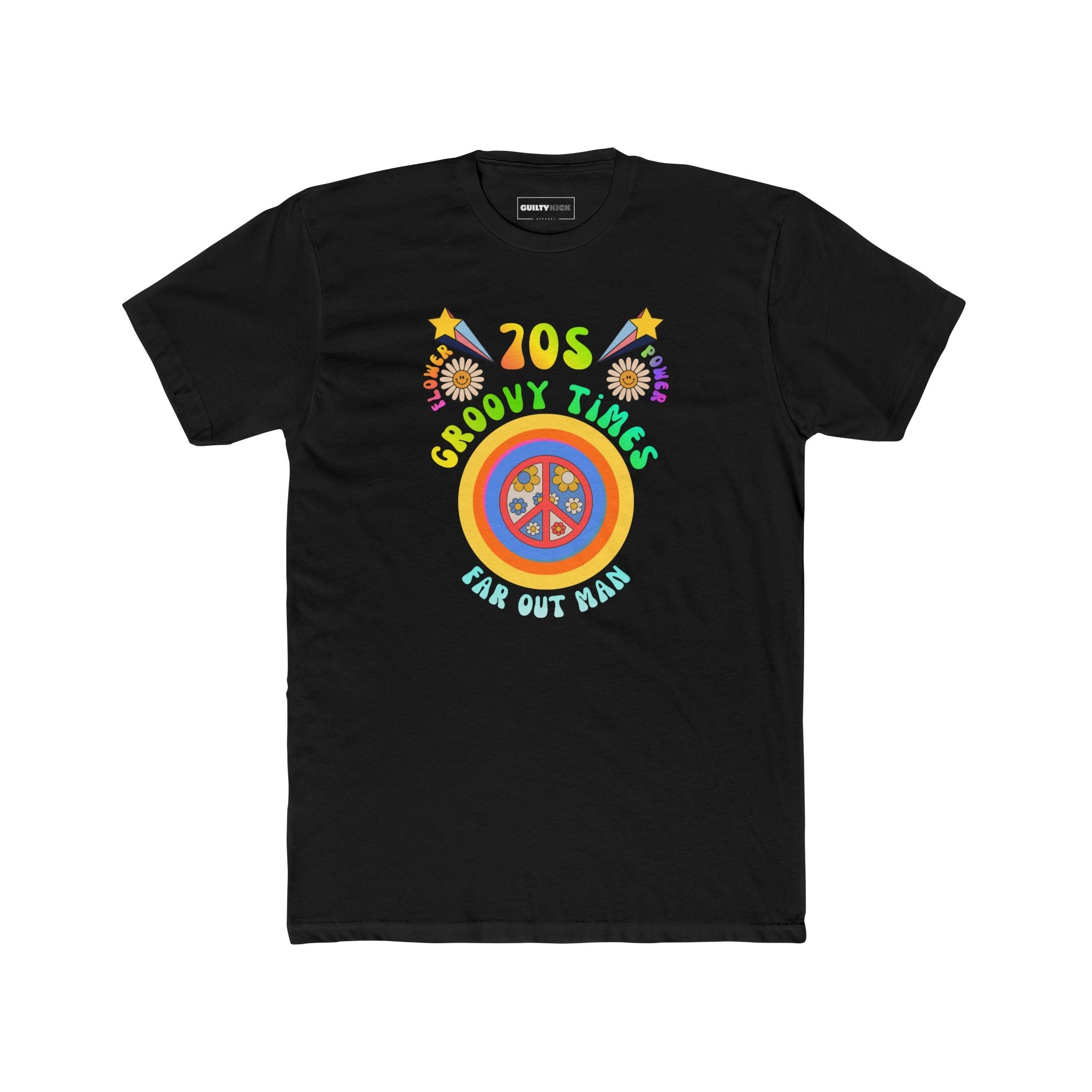 70s Groovy Times Vintage Style T-Shirt, Retro Peace Sign, Flower Power Graphic Tee - Guilty Kick Apparel