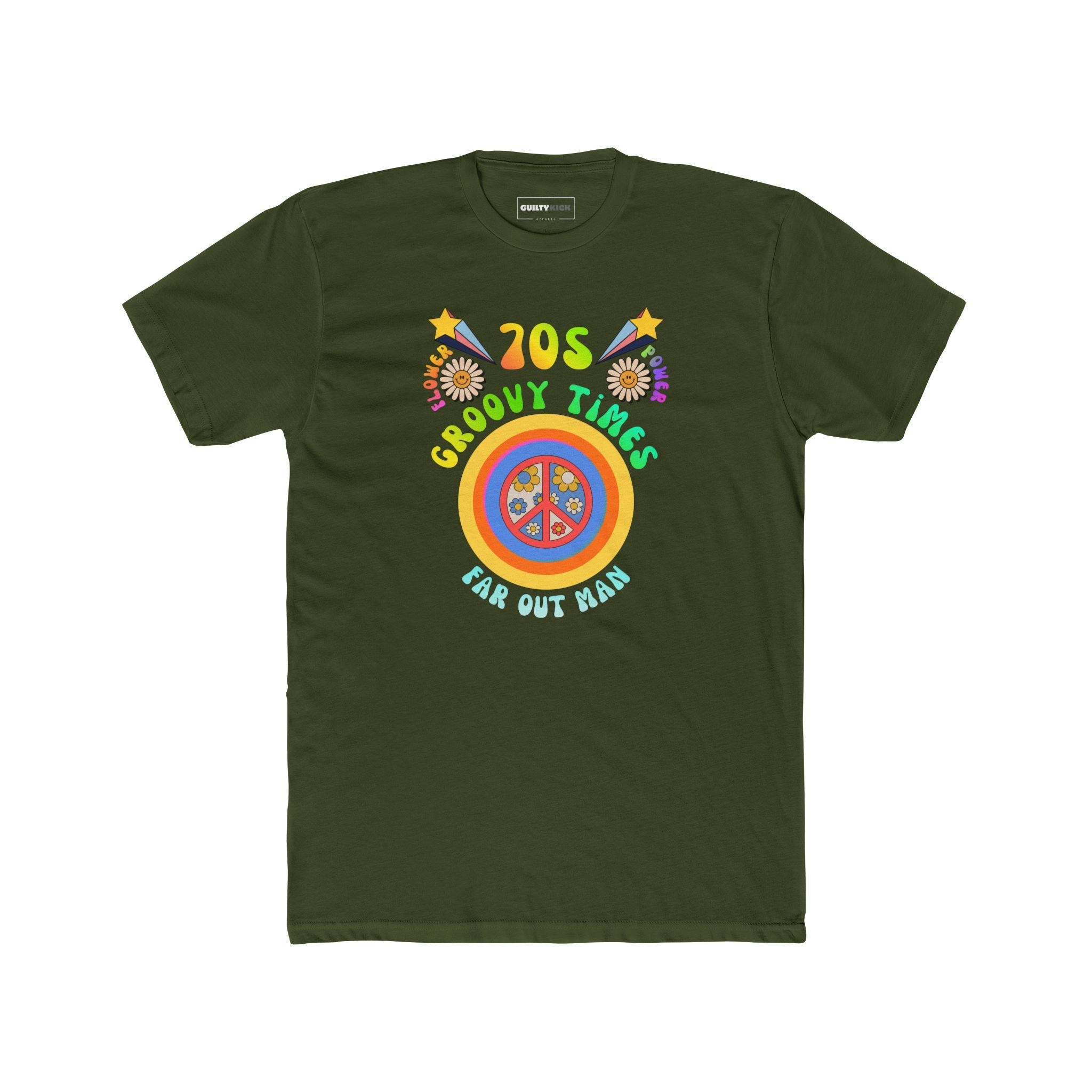 70s Groovy Times Vintage Style T-Shirt, Retro Peace Sign, Flower Power Graphic Tee - Guilty Kick Apparel