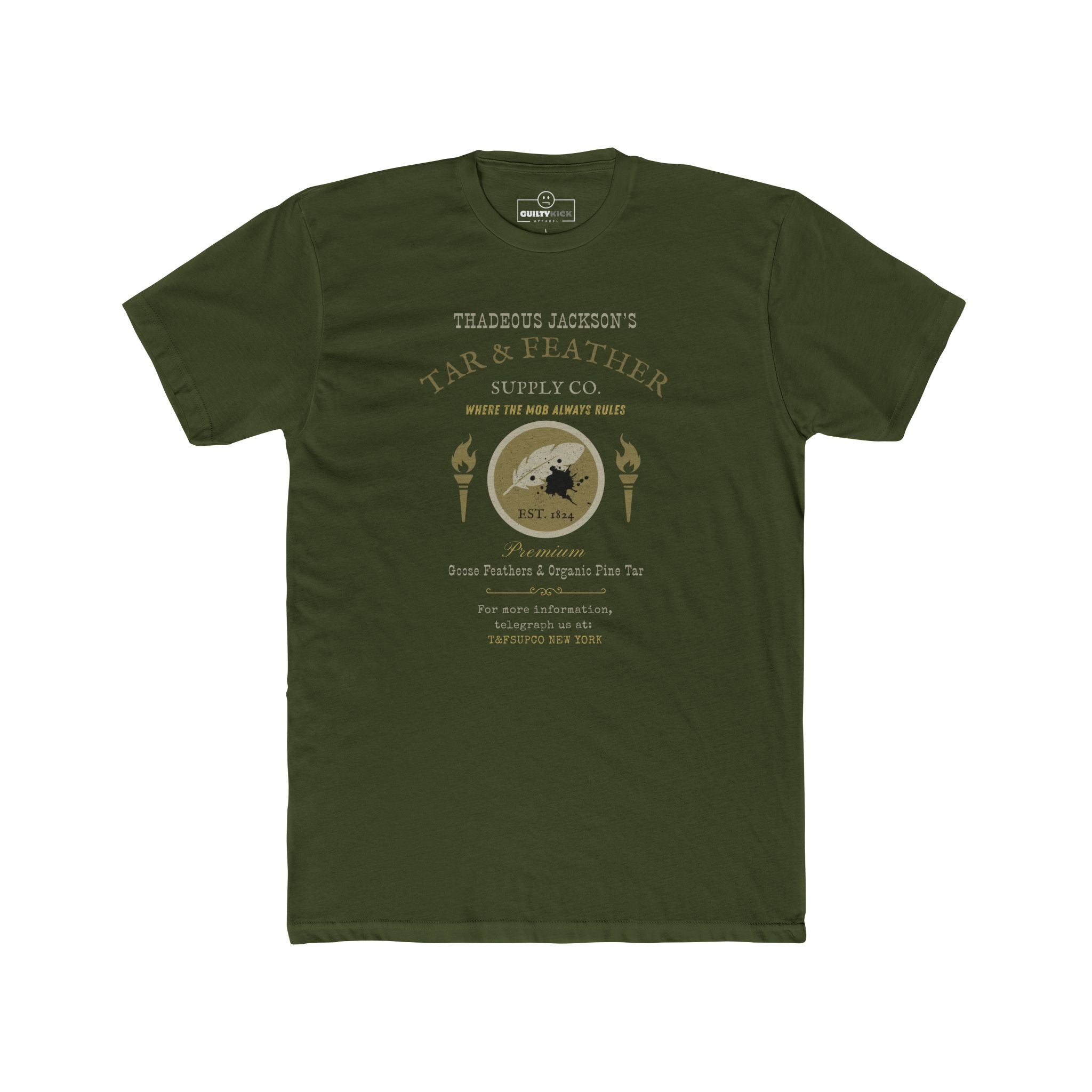 Thadeous Jacksons Tar & Feather Supply Co. T-Shirt, Vintage Dark Humor Graphic Tee, Frontier Mob Justice Satire Halloween Shirt