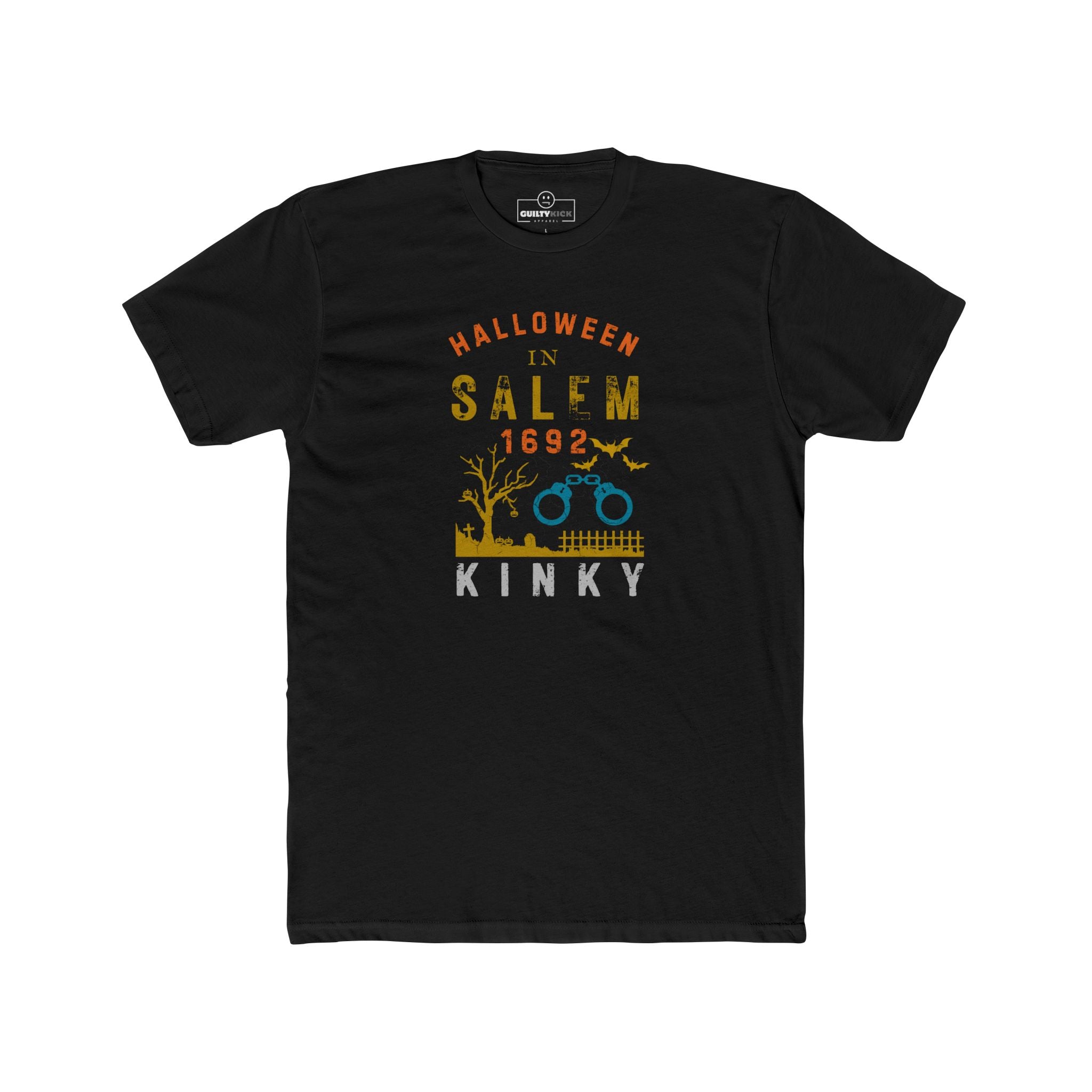 Halloween in Salem 1692 Kinky T-Shirt | Sarcastic Witch Trials Shackles Graphic Tee, Funny Dark Humor Puritan Halloween Shirt