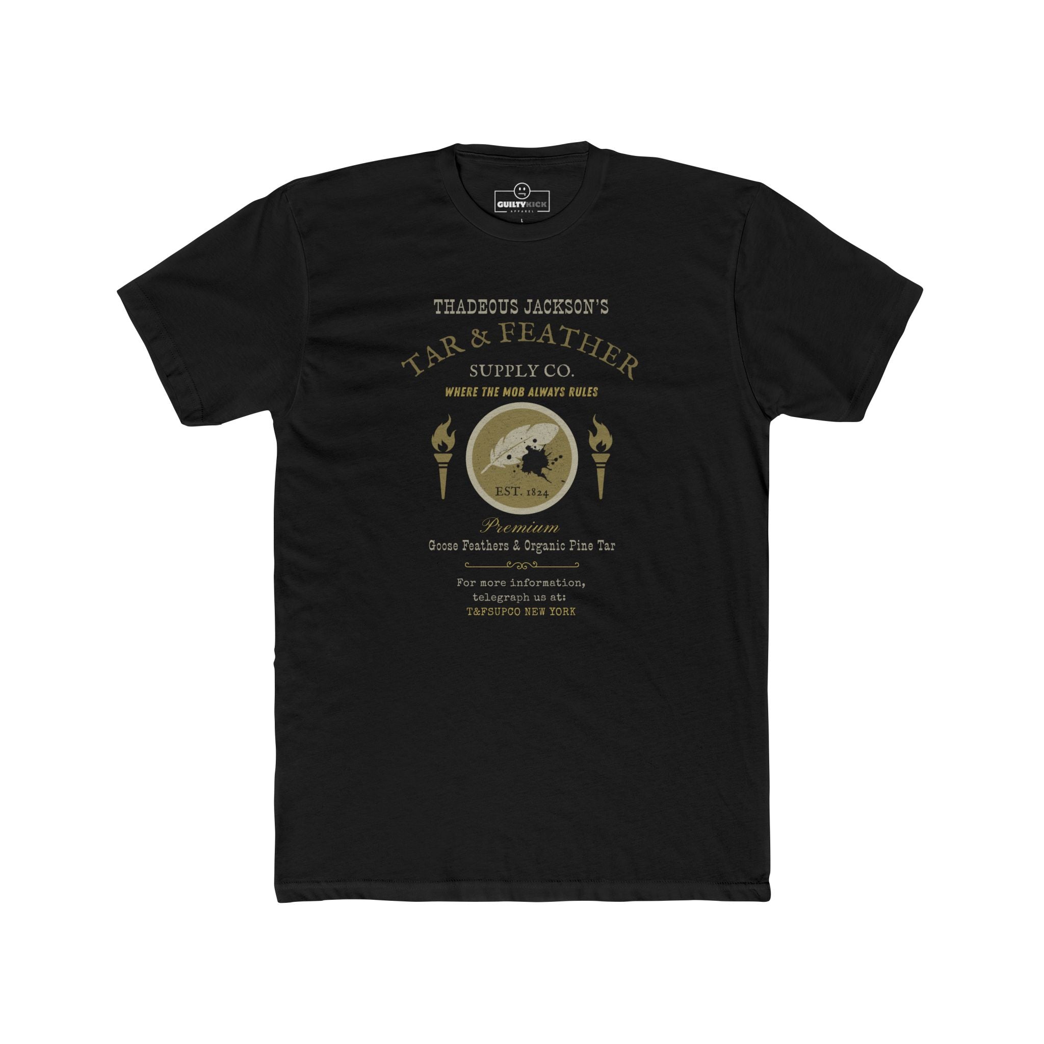Thadeous Jacksons Tar & Feather Supply Co. T-Shirt, Vintage Dark Humor Graphic Tee, Frontier Mob Justice Satire Halloween Shirt
