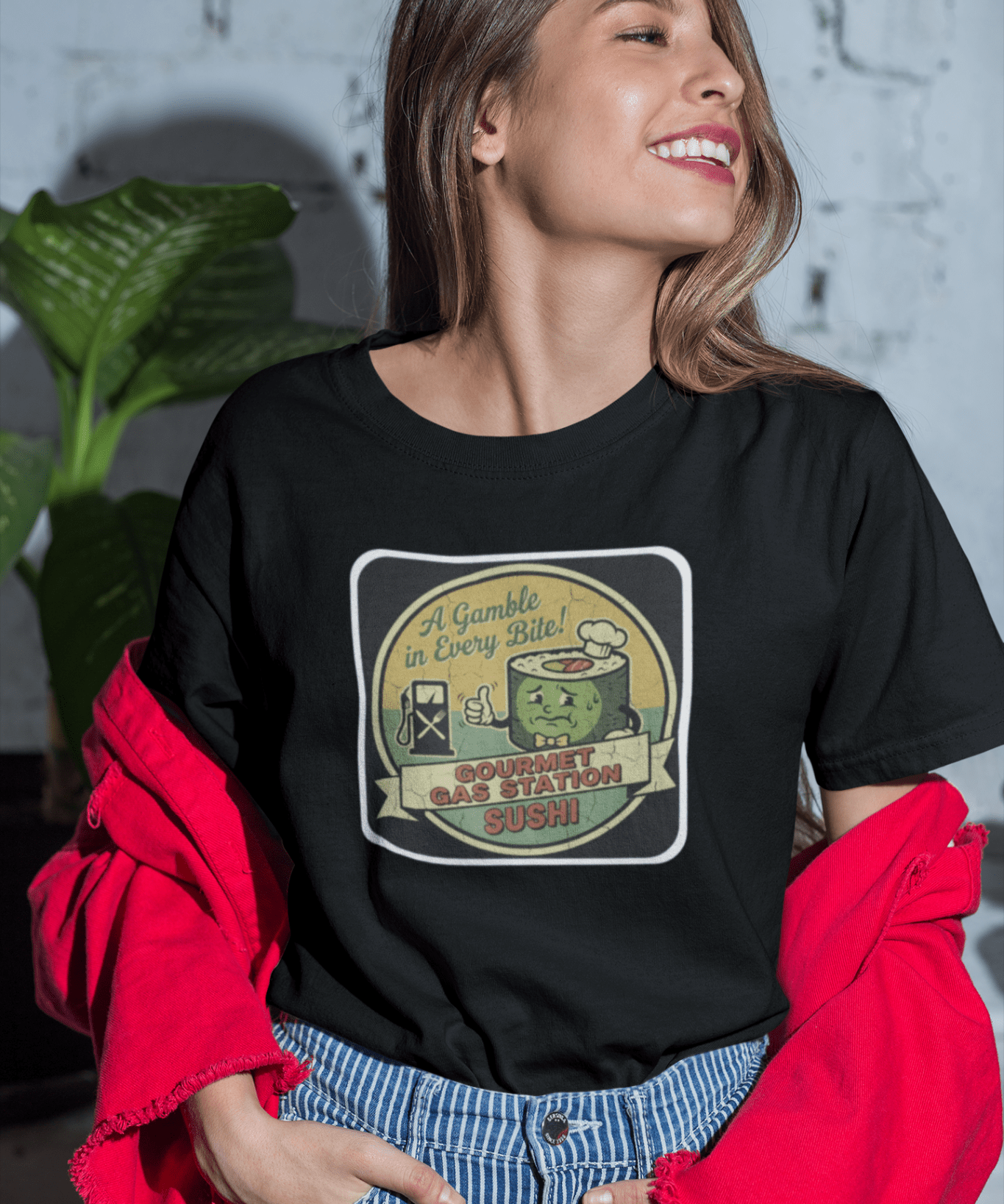 A Gamble In Every Bite - Funny Gourmet Gas Station Sushi Retro Mascot T-Shirt - Guilty Kick Apparel