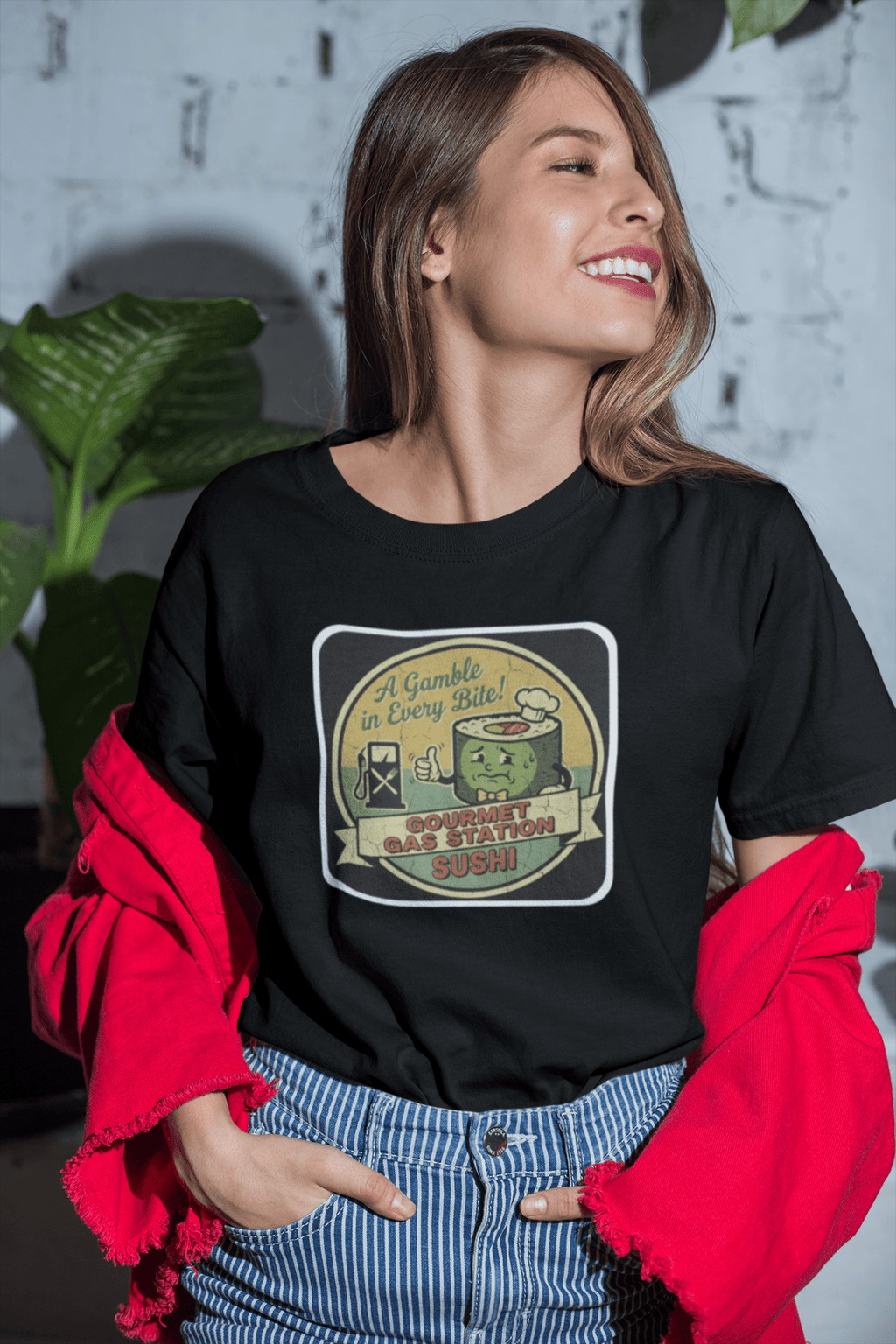 A Gamble In Every Bite - Funny Gourmet Gas Station Sushi Retro Mascot T-Shirt - Guilty Kick Apparel