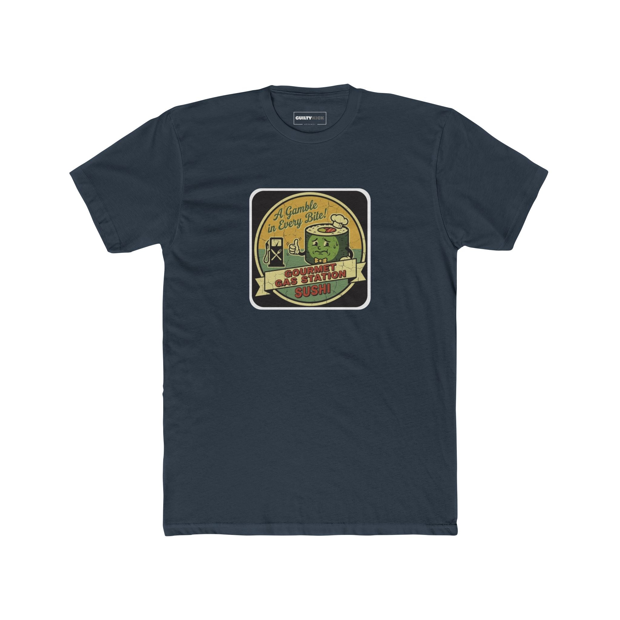 A Gamble In Every Bite - Funny Gourmet Gas Station Sushi Retro Mascot T-Shirt - Guilty Kick Apparel