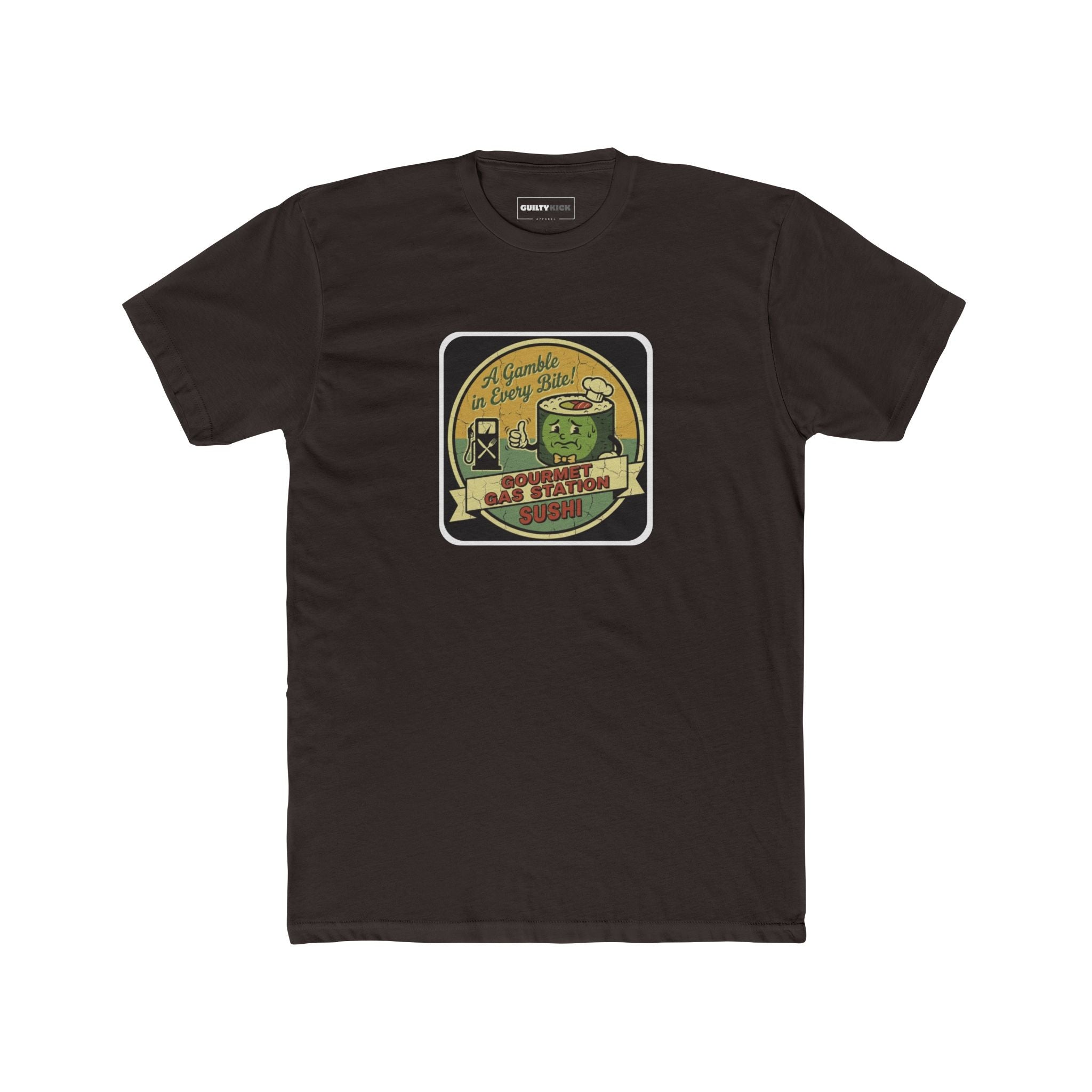 A Gamble In Every Bite - Funny Gourmet Gas Station Sushi Retro Mascot T-Shirt - Guilty Kick Apparel
