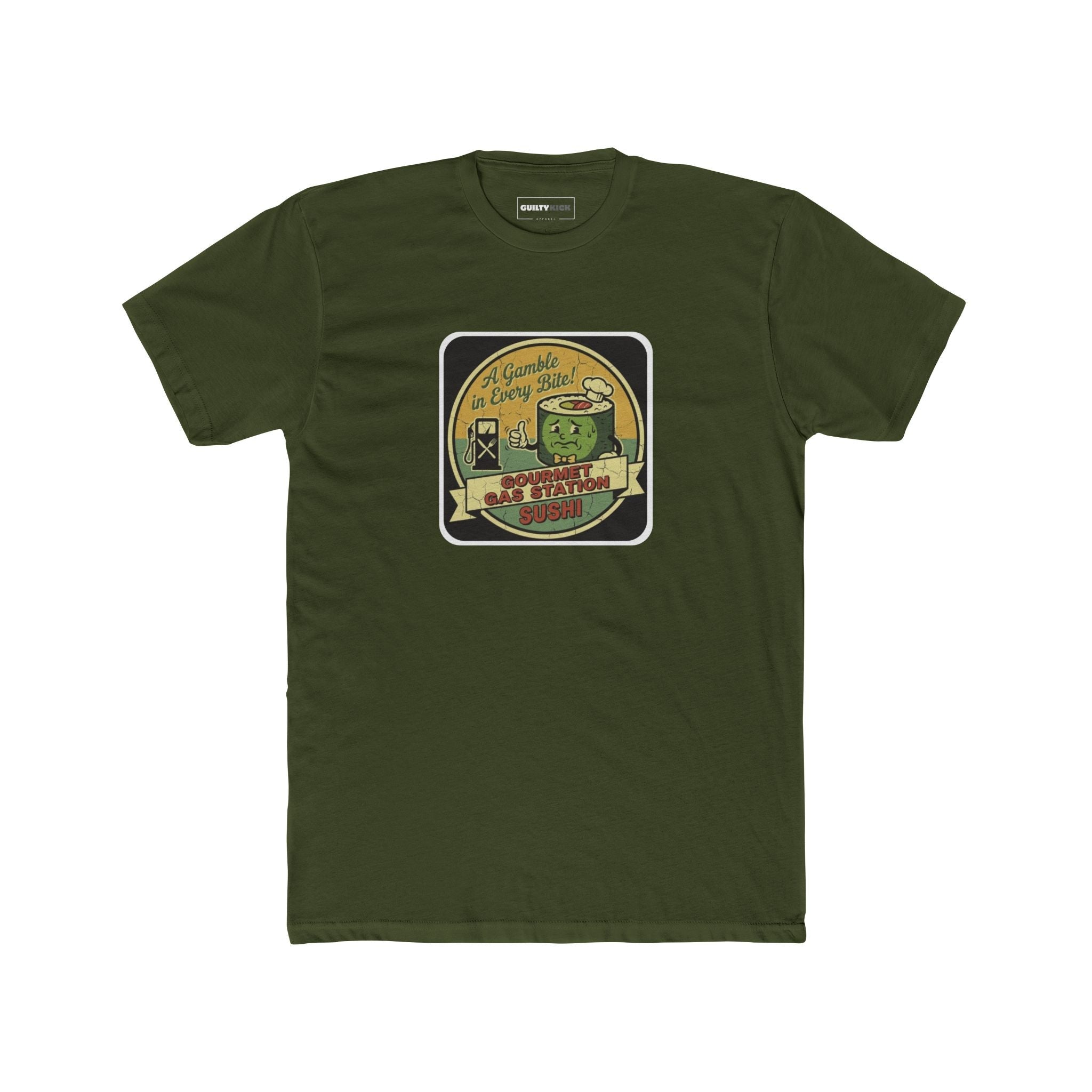 A Gamble In Every Bite - Funny Gourmet Gas Station Sushi Retro Mascot T-Shirt - Guilty Kick Apparel