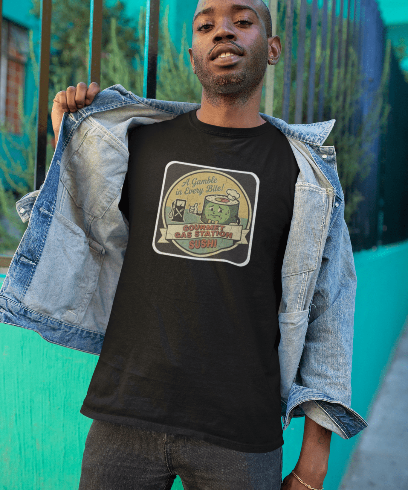 A Gamble In Every Bite - Funny Gourmet Gas Station Sushi Retro Mascot T-Shirt - Guilty Kick Apparel