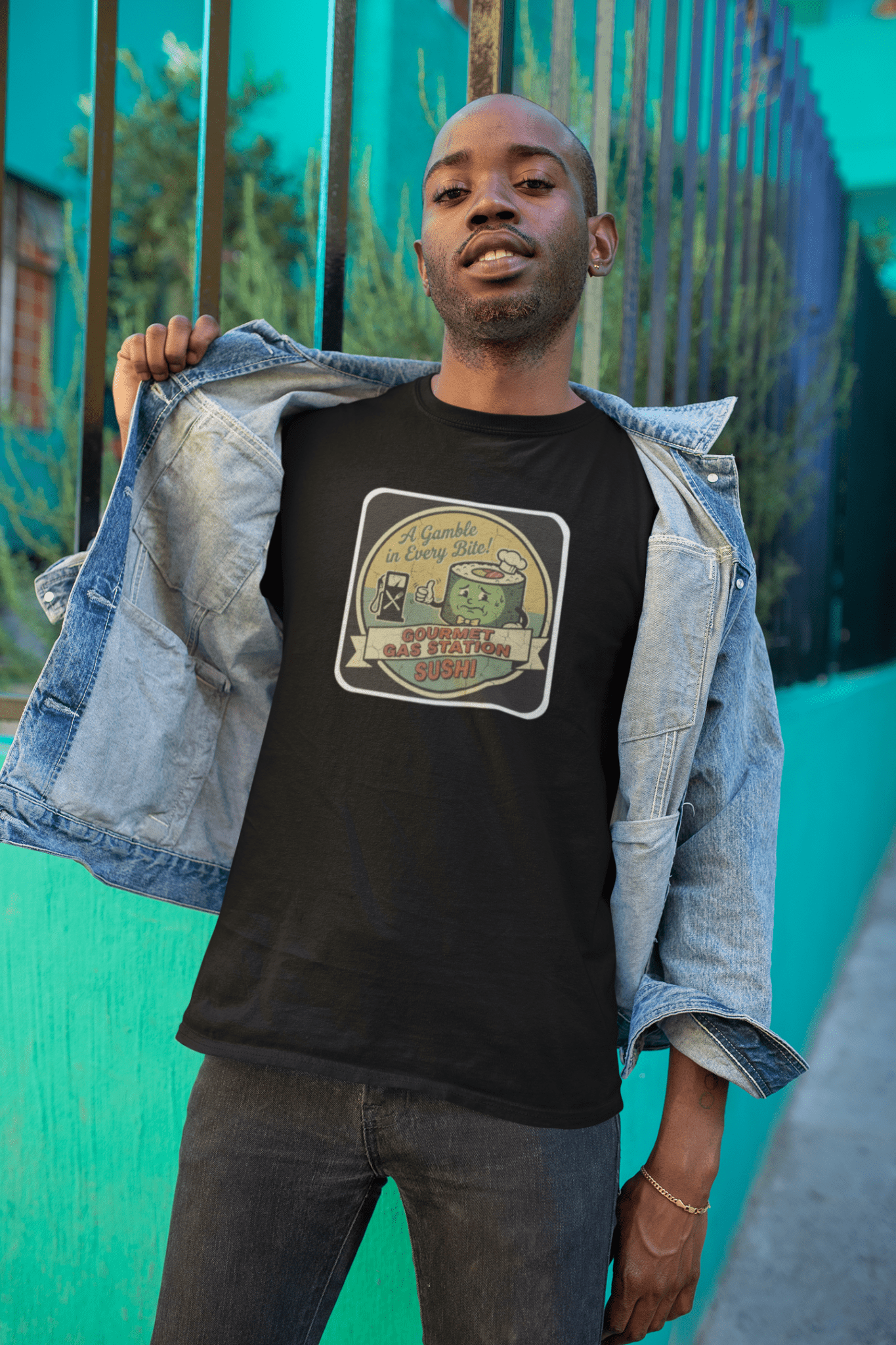A Gamble In Every Bite - Funny Gourmet Gas Station Sushi Retro Mascot T-Shirt - Guilty Kick Apparel