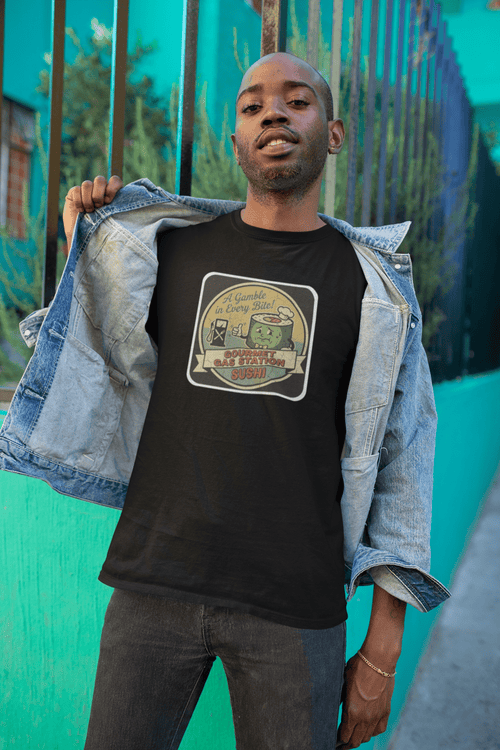A Gamble In Every Bite - Funny Gourmet Gas Station Sushi Retro Mascot T-Shirt - Guilty Kick Apparel