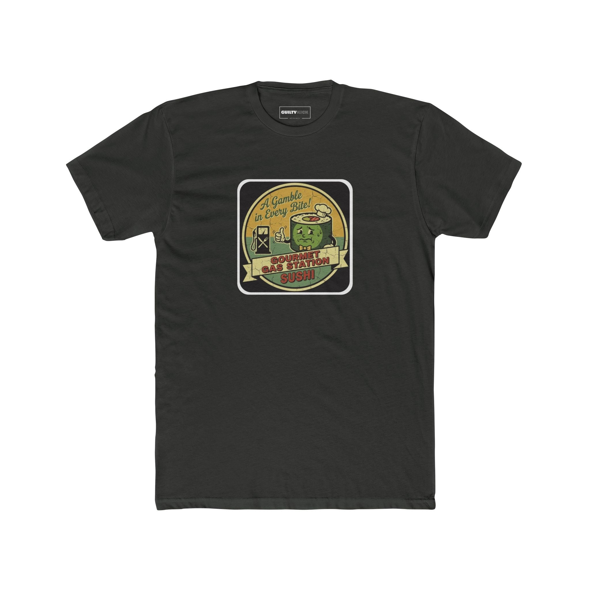 A Gamble In Every Bite - Funny Gourmet Gas Station Sushi Retro Mascot T-Shirt - Guilty Kick Apparel