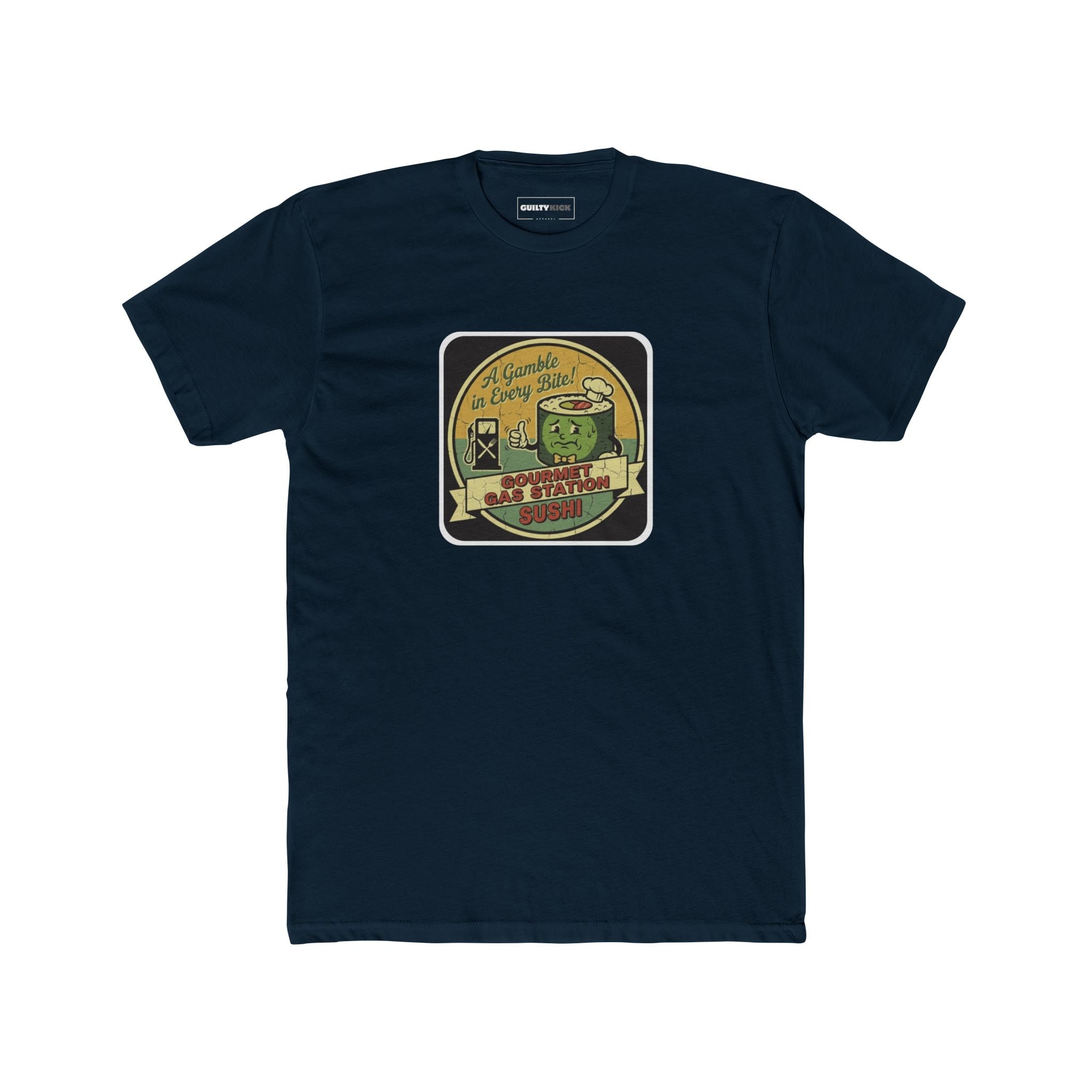 A Gamble In Every Bite - Funny Gourmet Gas Station Sushi Retro Mascot T-Shirt - Guilty Kick Apparel