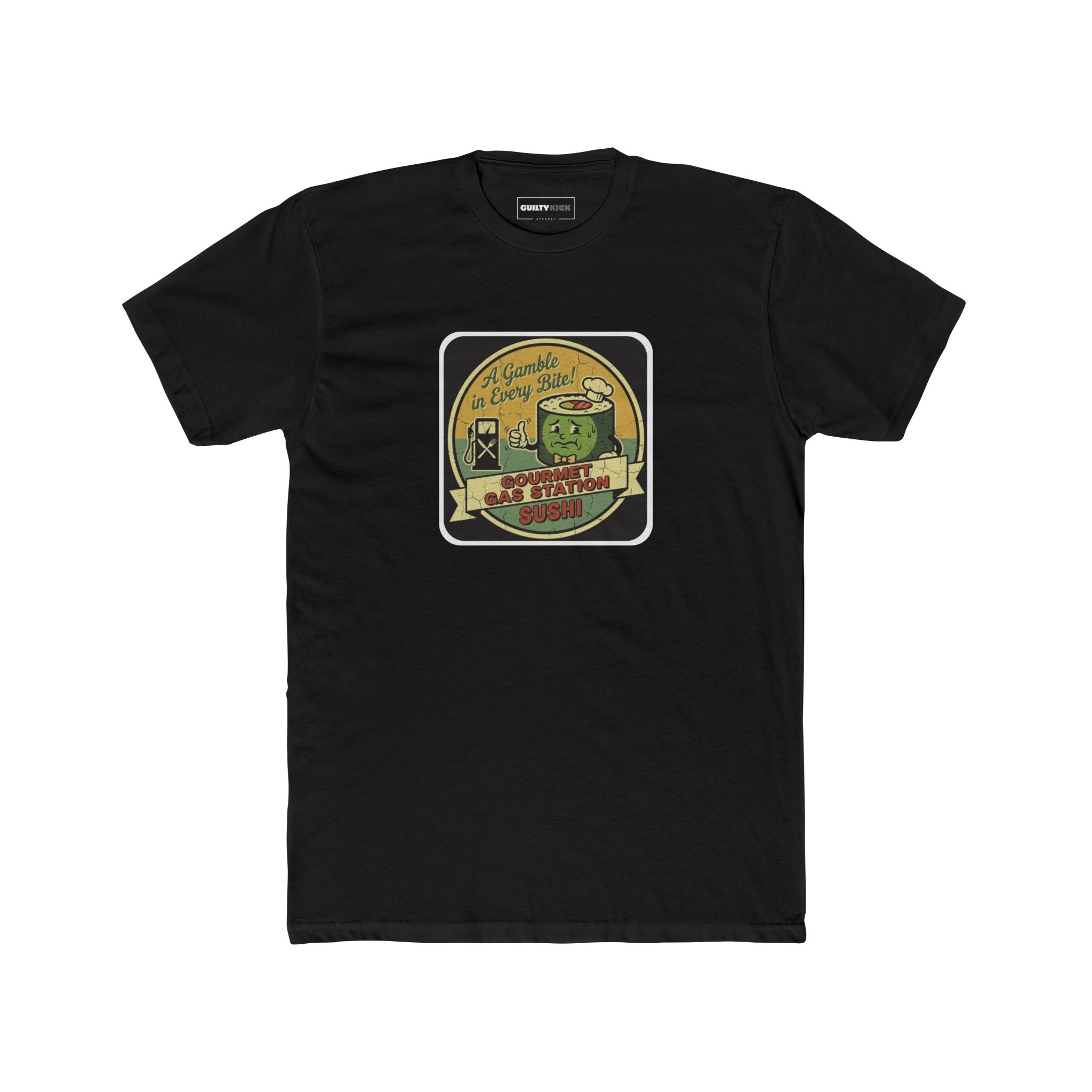 A Gamble In Every Bite - Funny Gourmet Gas Station Sushi Retro Mascot T-Shirt - Guilty Kick Apparel